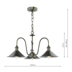 HAD0361-02 Hadano 3 Light Pendant Antique Chrome and Pewter Metal Shade 18cm