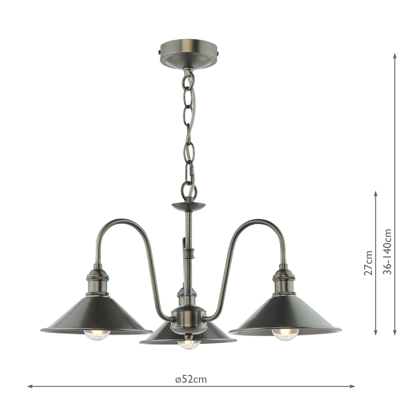 HAD0361-02 Hadano 3 Light Pendant Antique Chrome and Pewter Metal Shade 18cm