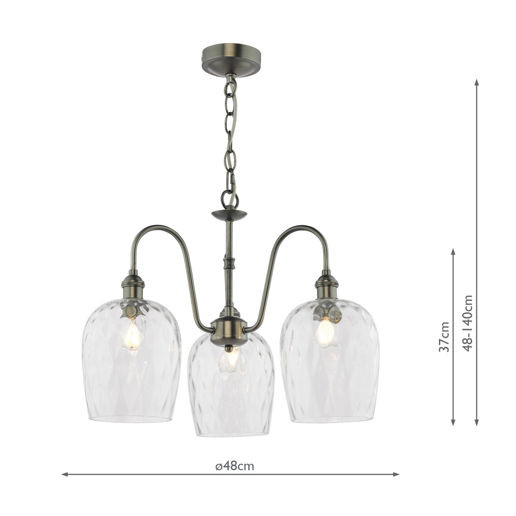 HAD0361-03 Hadano 3 Light Pendant Antique Chrome and Clear Dimpled Glass Shade