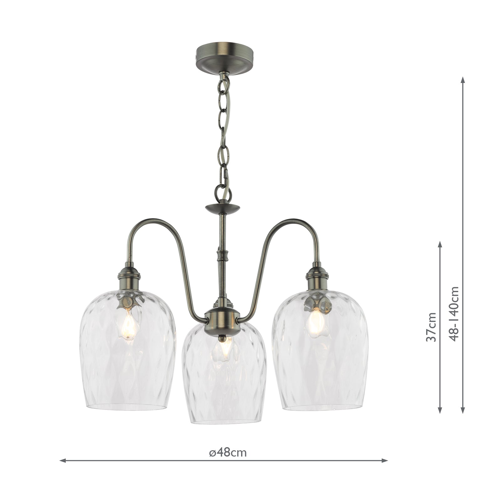 HAD0361-03 Hadano 3 Light Pendant Antique Chrome and Clear Dimpled Glass Shade