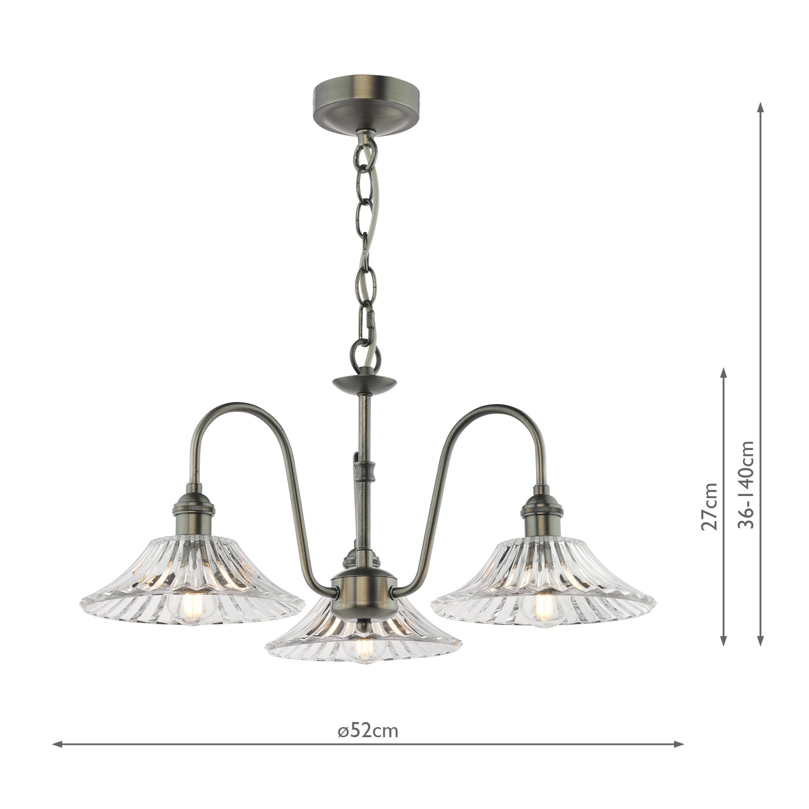 HAD0361-04 Hadano 3 Light Pendant Antique Chrome and Clear Flared Glass Shade