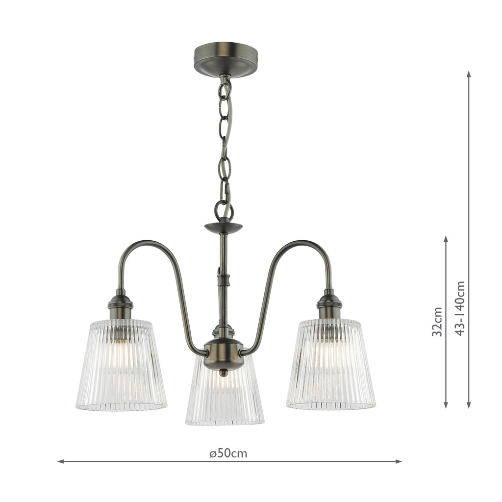 HAD0361-05 Hadano 3 Light Pendant Antique Chrome and Clear Ribbed Glass Shade