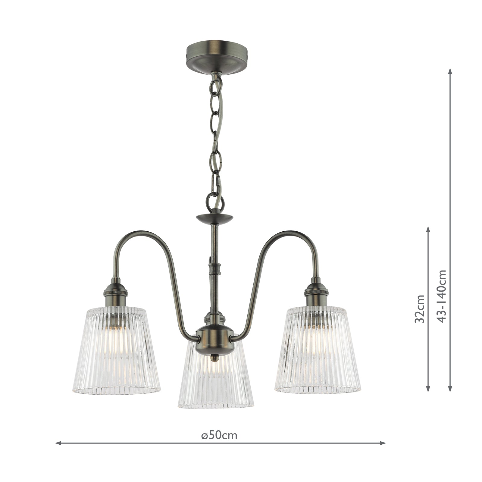 HAD0361-05 Hadano 3 Light Pendant Antique Chrome and Clear Ribbed Glass Shade