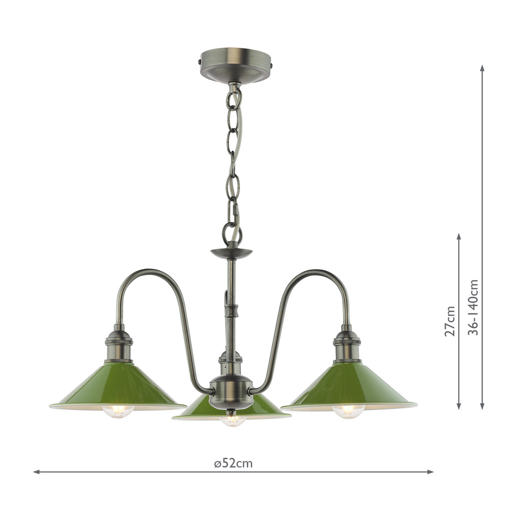 HAD0361-07 Hadano 3 Light Pendant Antique Chrome and Gloss Green Metal Shade 18cm