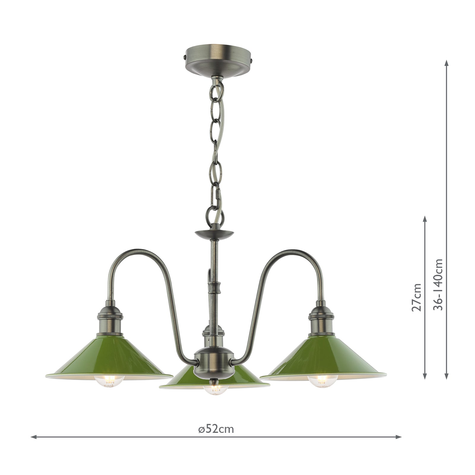 HAD0361-07 Hadano 3 Light Pendant Antique Chrome and Gloss Green Metal Shade 18cm