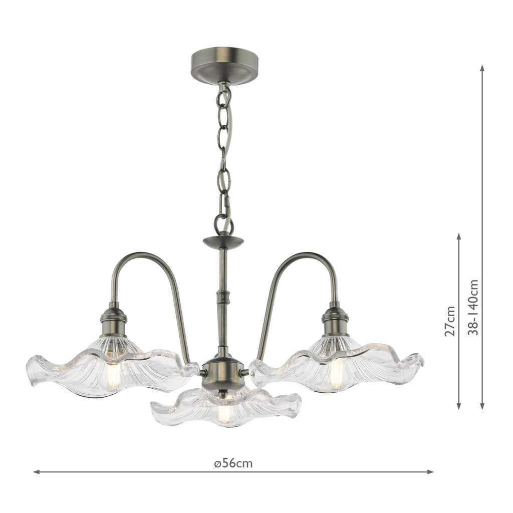 HAD0361-12 Hadano 3 Light Pendant Antique Chrome and Wavy Glass Shade