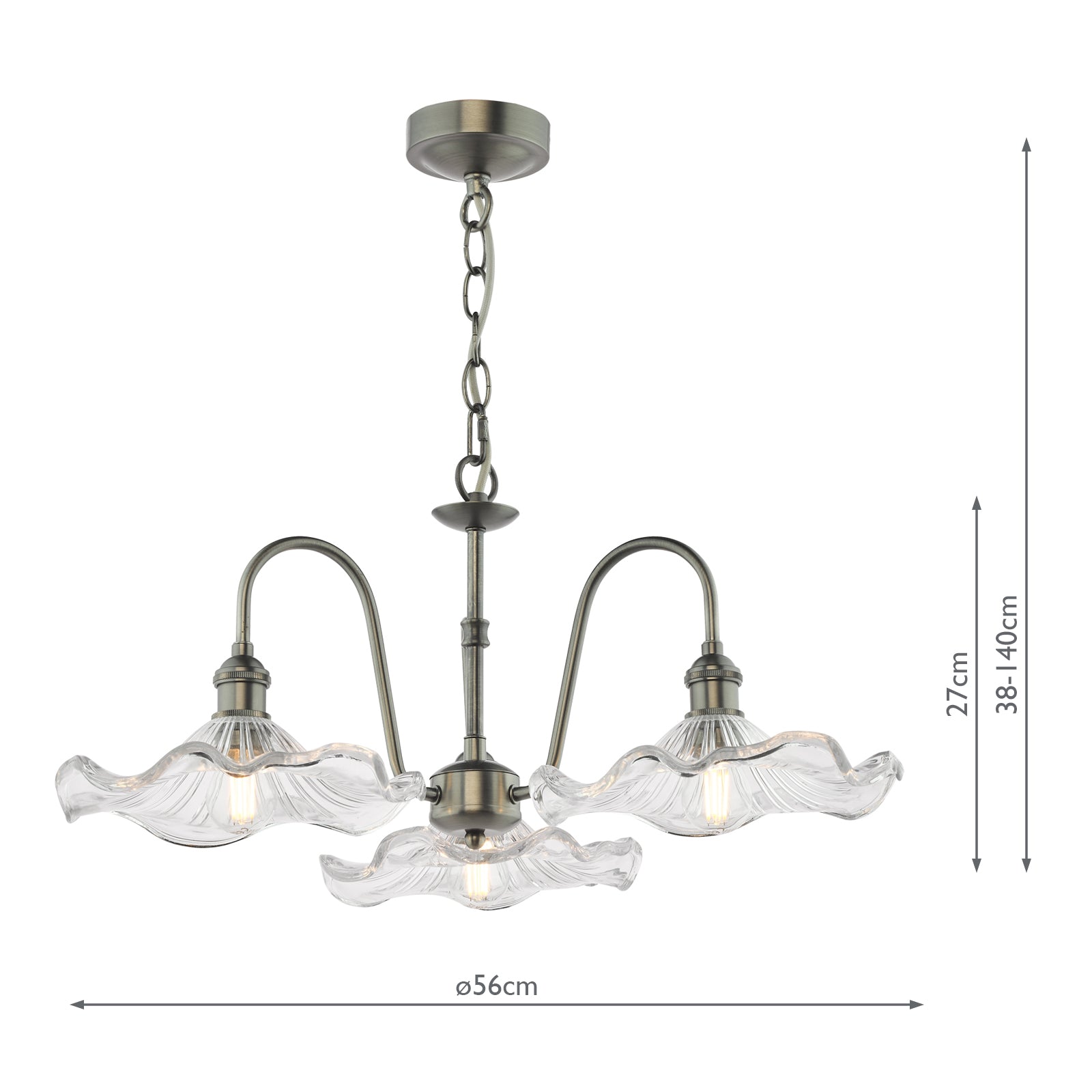 HAD0361-12 Hadano 3 Light Pendant Antique Chrome and Wavy Glass Shade