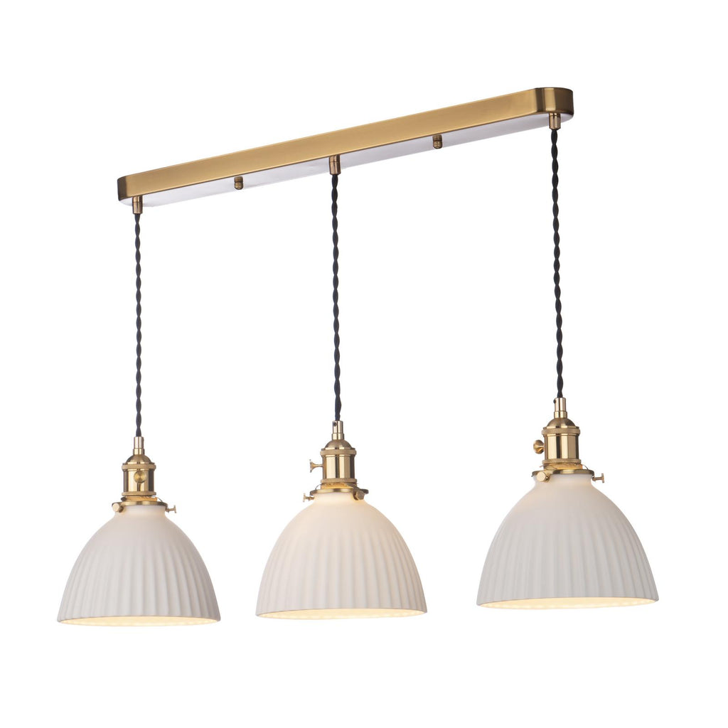 HAD3640-09 Hadano 3 Light Bar Pendant Natural Brass and White Domed Ceramic Shade