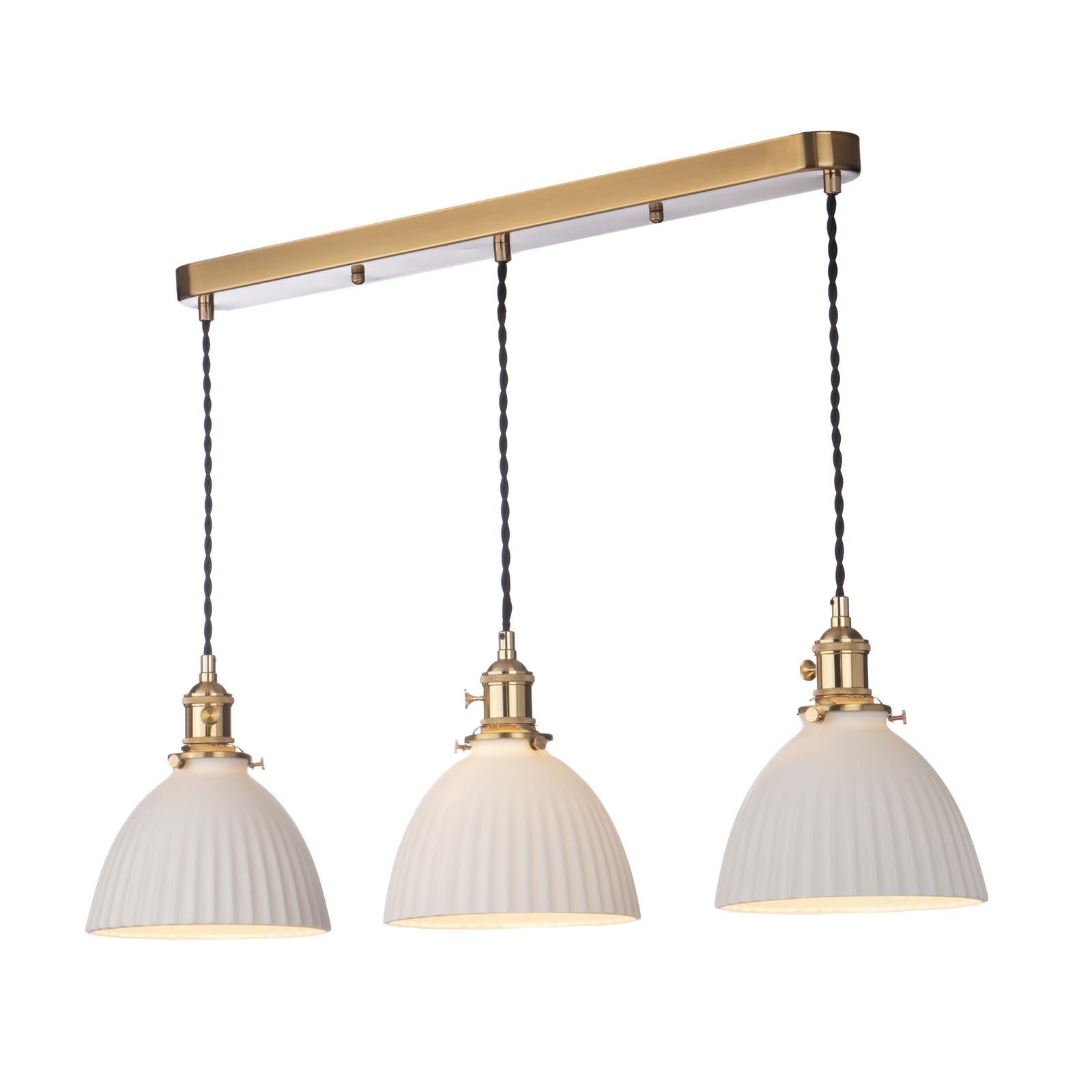 HAD3640-09 Hadano 3 Light Bar Pendant Natural Brass and White Domed Ceramic Shade