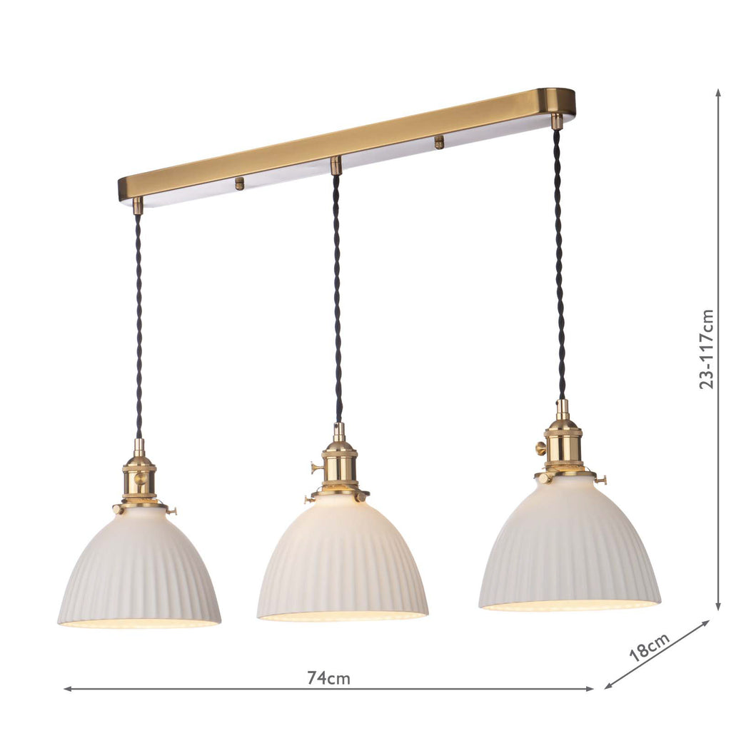 HAD3640-09 Hadano 3 Light Bar Pendant Natural Brass and White Domed Ceramic Shade