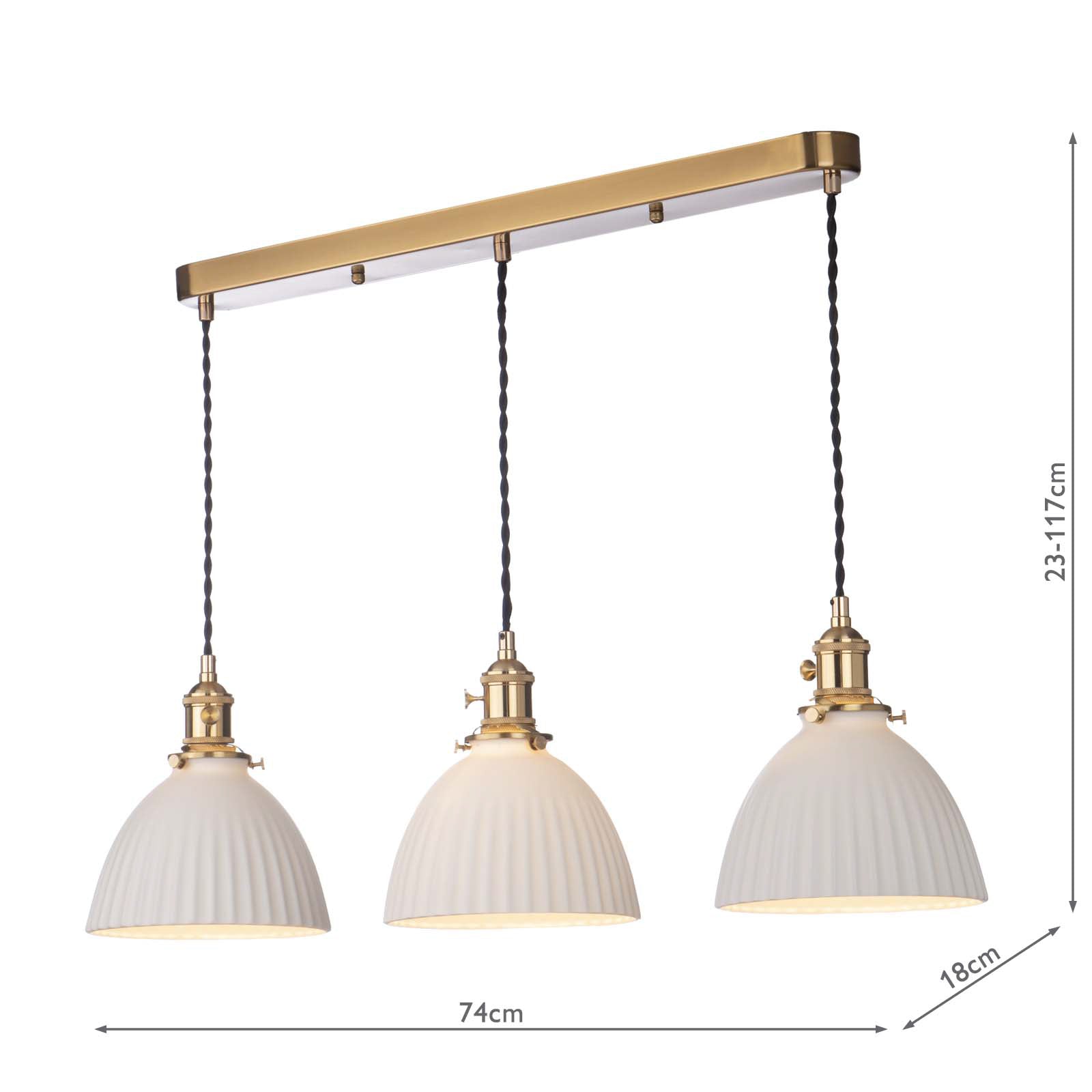 HAD3640-09 Hadano 3 Light Bar Pendant Natural Brass and White Domed Ceramic Shade