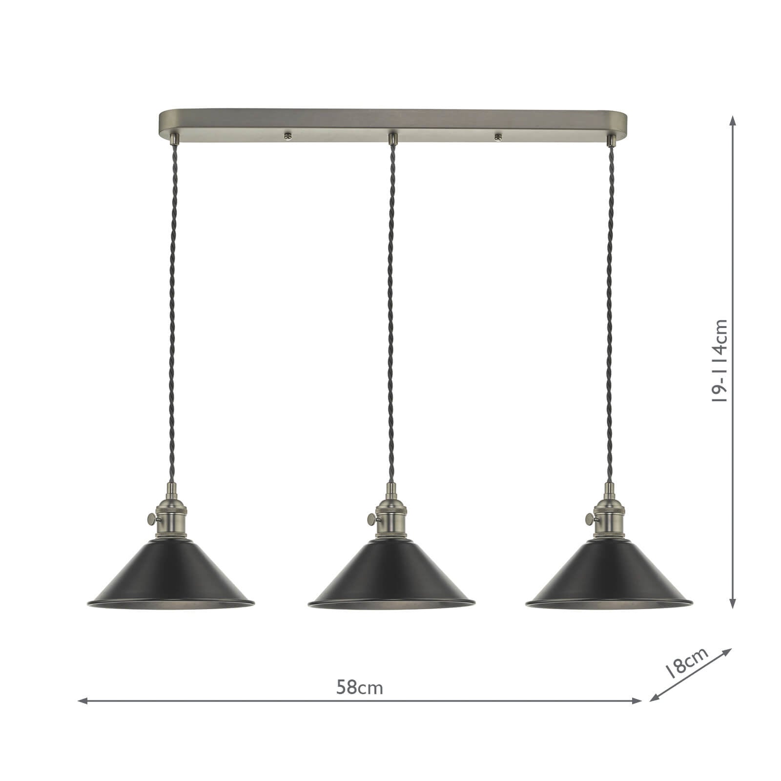 HAD3661-02 Hadano 3 Light Bar Pendant Antique Chrome and Pewter Metal Shade 18cm