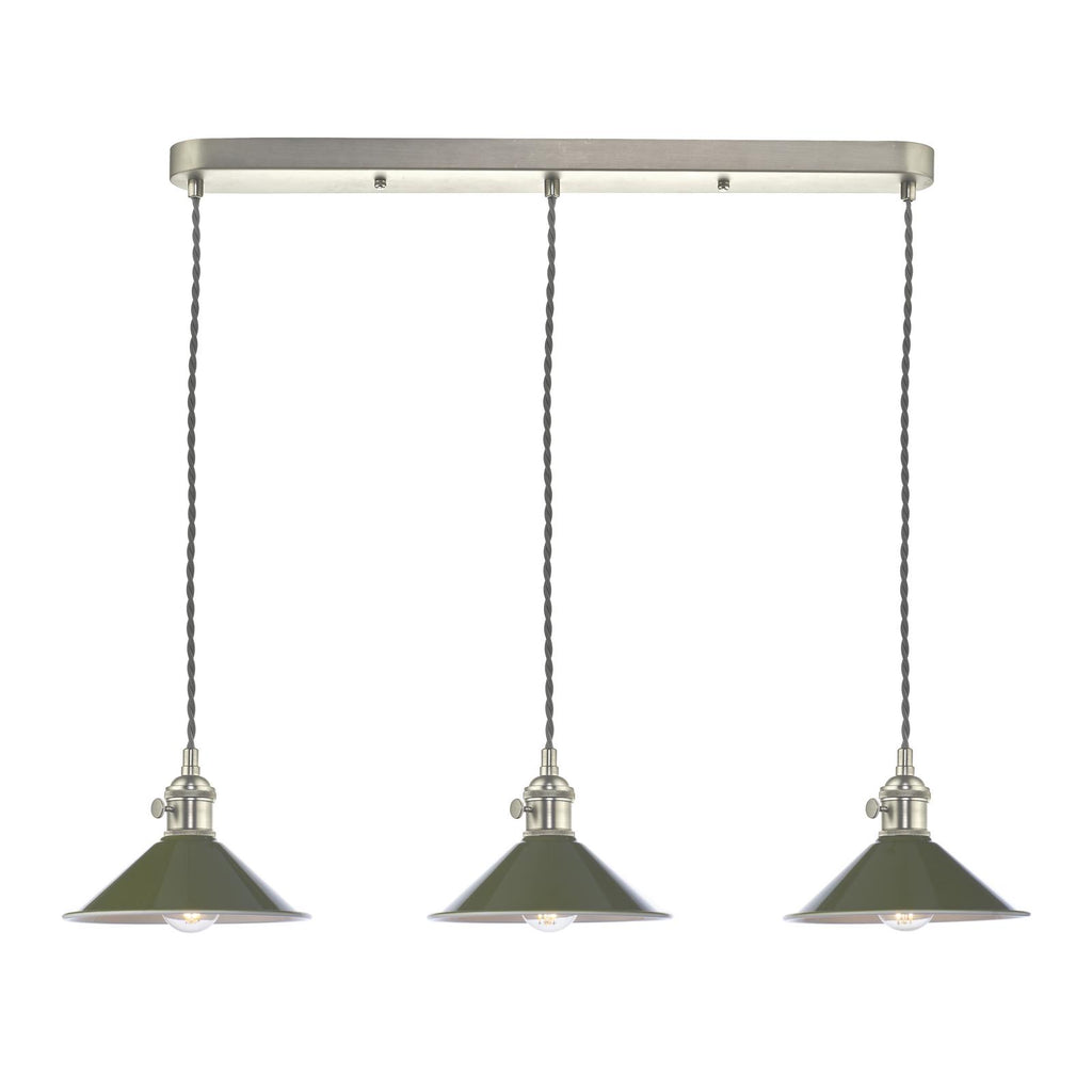 HAD3661-07 Hadano 3 Light Bar Pendant Antique Chrome and Gloss Green Metal Shade 18cm