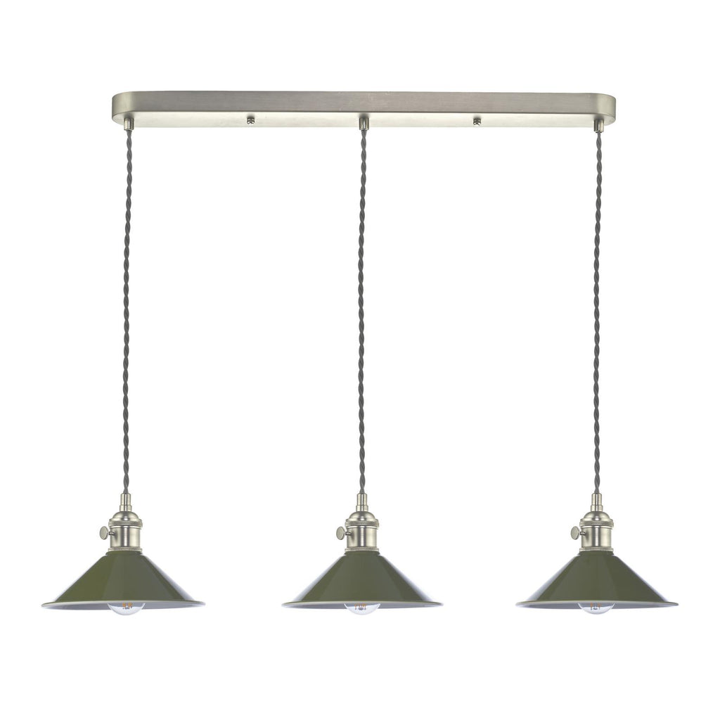 HAD3661-07 Hadano 3 Light Bar Pendant Antique Chrome and Gloss Green Metal Shade 18cm