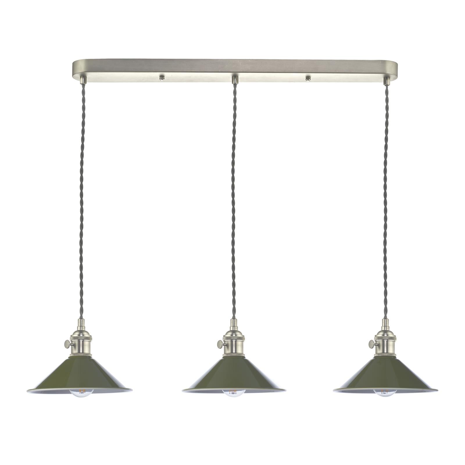 HAD3661-07 Hadano 3 Light Bar Pendant Antique Chrome and Gloss Green Metal Shade 18cm
