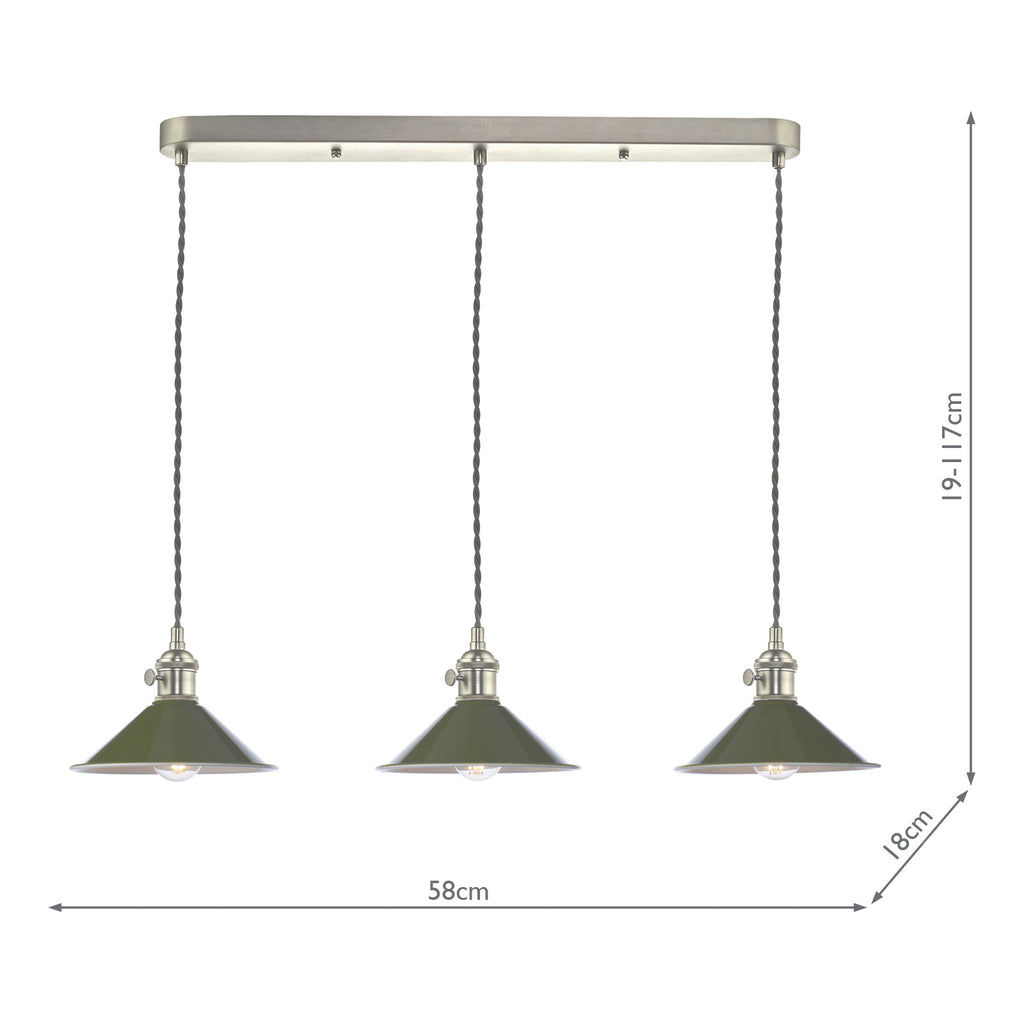 HAD3661-07 Hadano 3 Light Bar Pendant Antique Chrome and Gloss Green Metal Shade 18cm