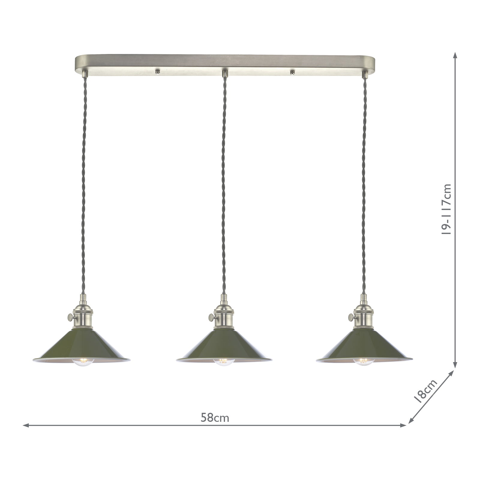 HAD3661-07 Hadano 3 Light Bar Pendant Antique Chrome and Gloss Green Metal Shade 18cm
