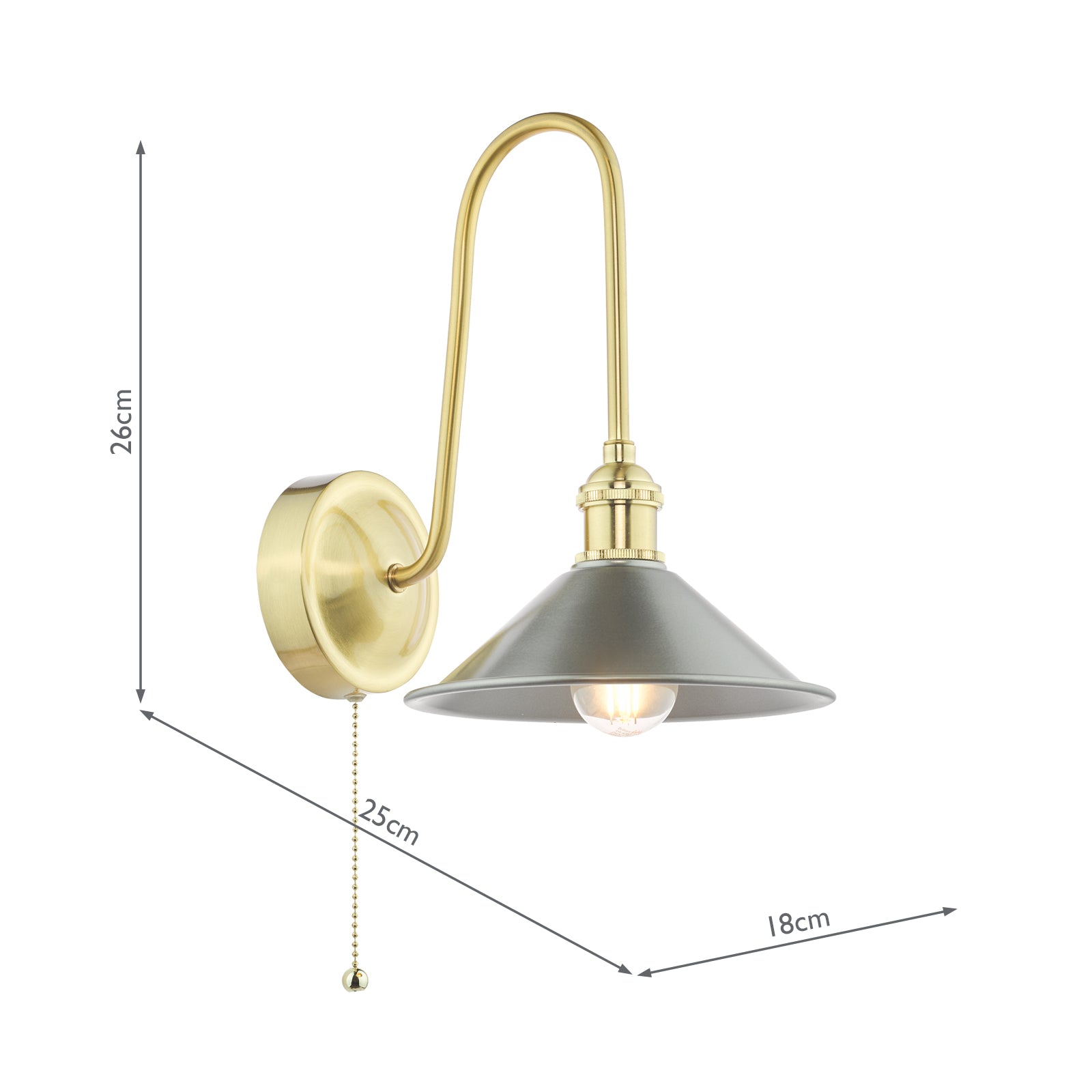 HAD7140-02 Hadano Tall Wall Light Natural Brass and Pewter Metal Shade 18cm