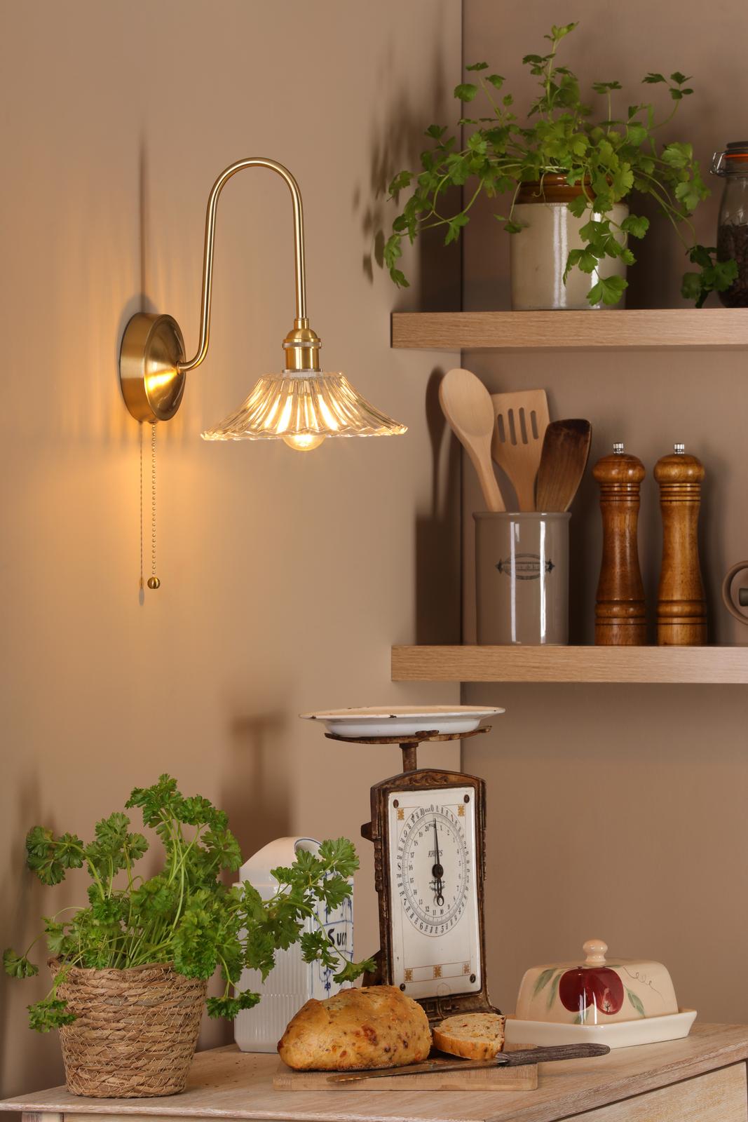 HAD7140-04 Hadano Tall Wall Light Natural Brass and Clear Flared Glass Shade
