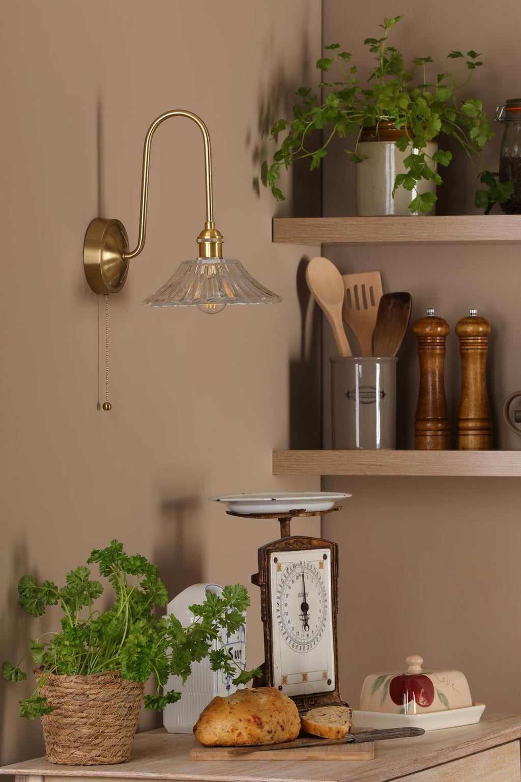 HAD7140-04 Hadano Tall Wall Light Natural Brass and Clear Flared Glass Shade