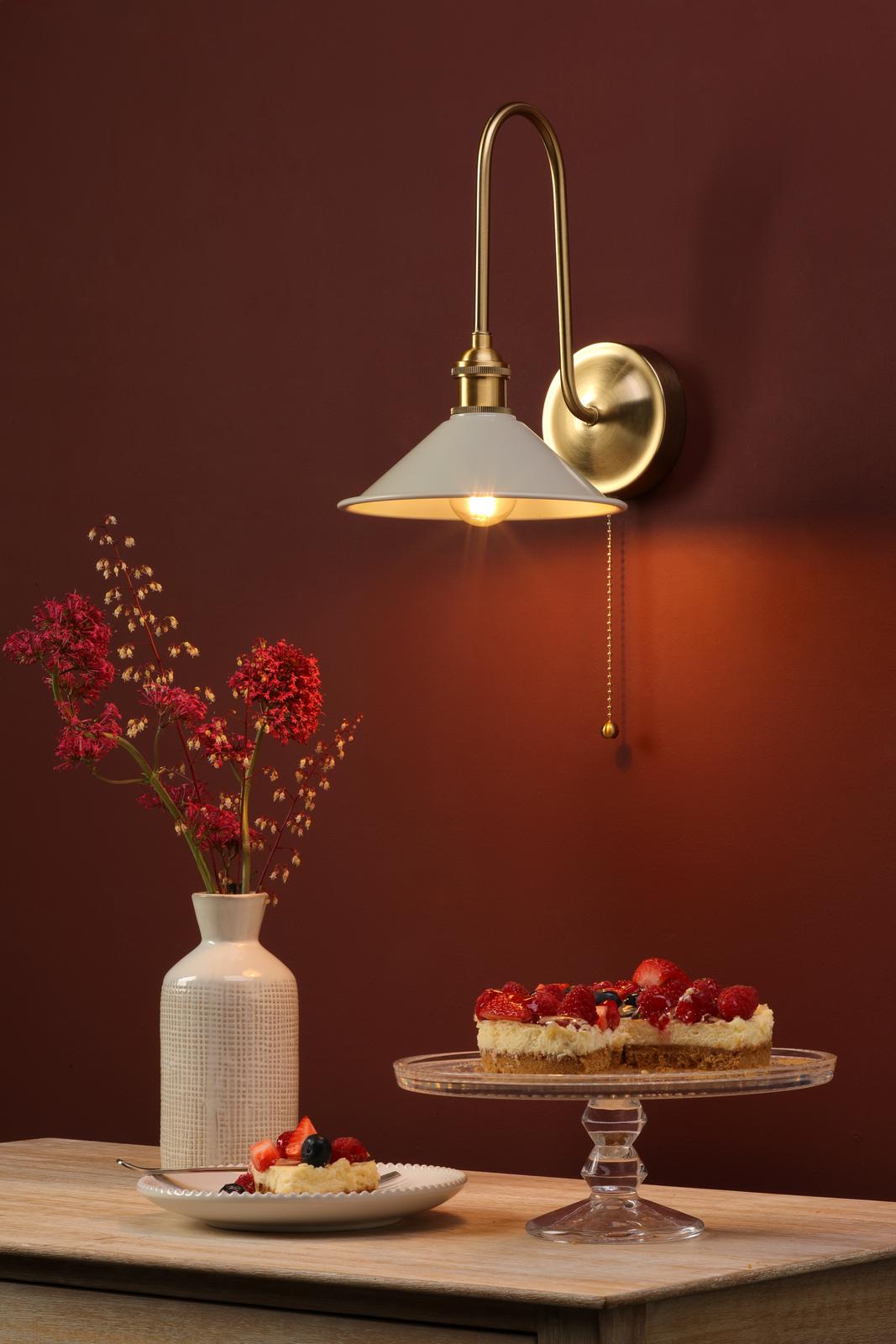 HAD7140-06 Hadano Tall Wall Light Natural Brass and Matt Cashmere/Taupe Metal Shade 18cm