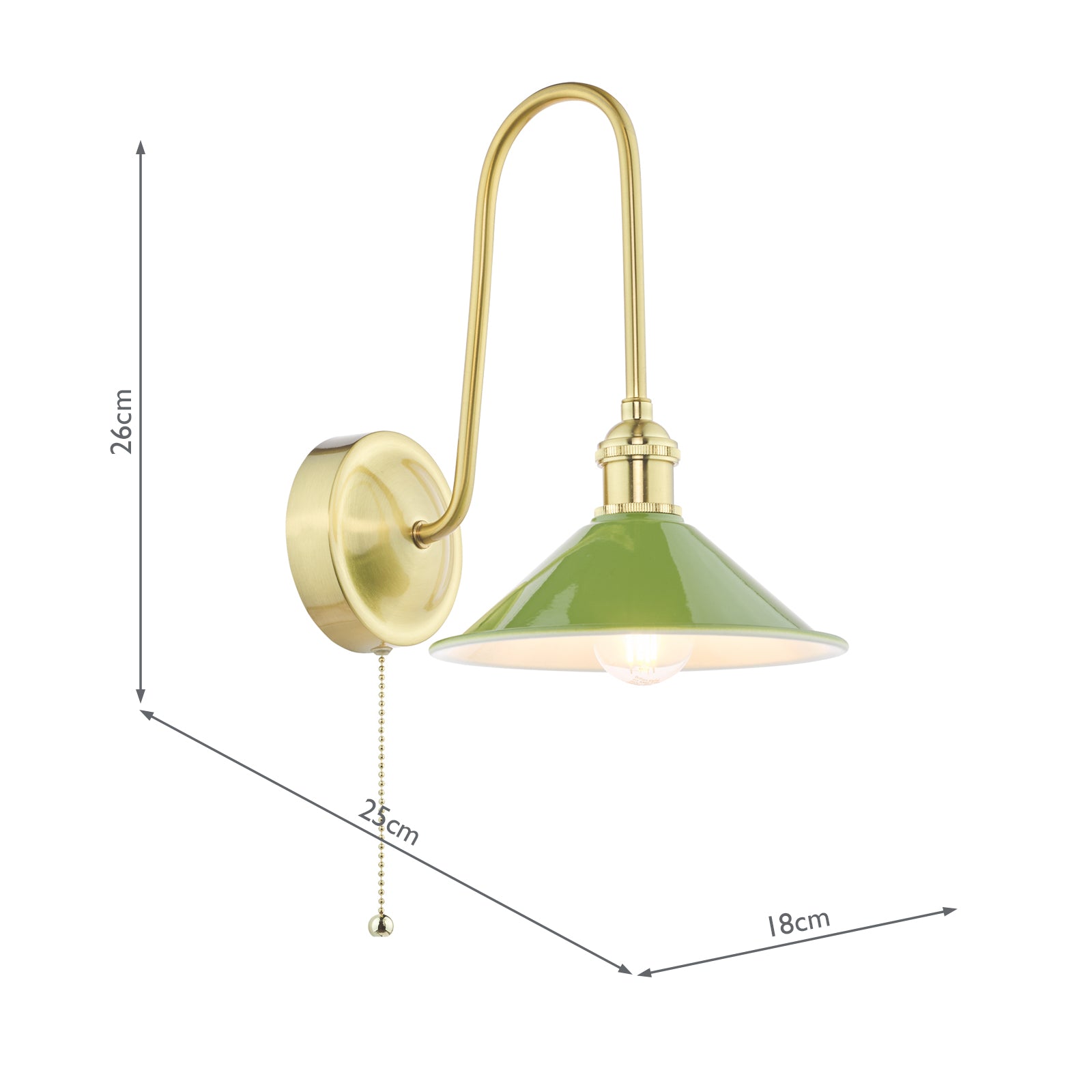 HAD7140-07 Hadano Tall Wall Light Natural Brass and Gloss Green Metal Shade 18cm