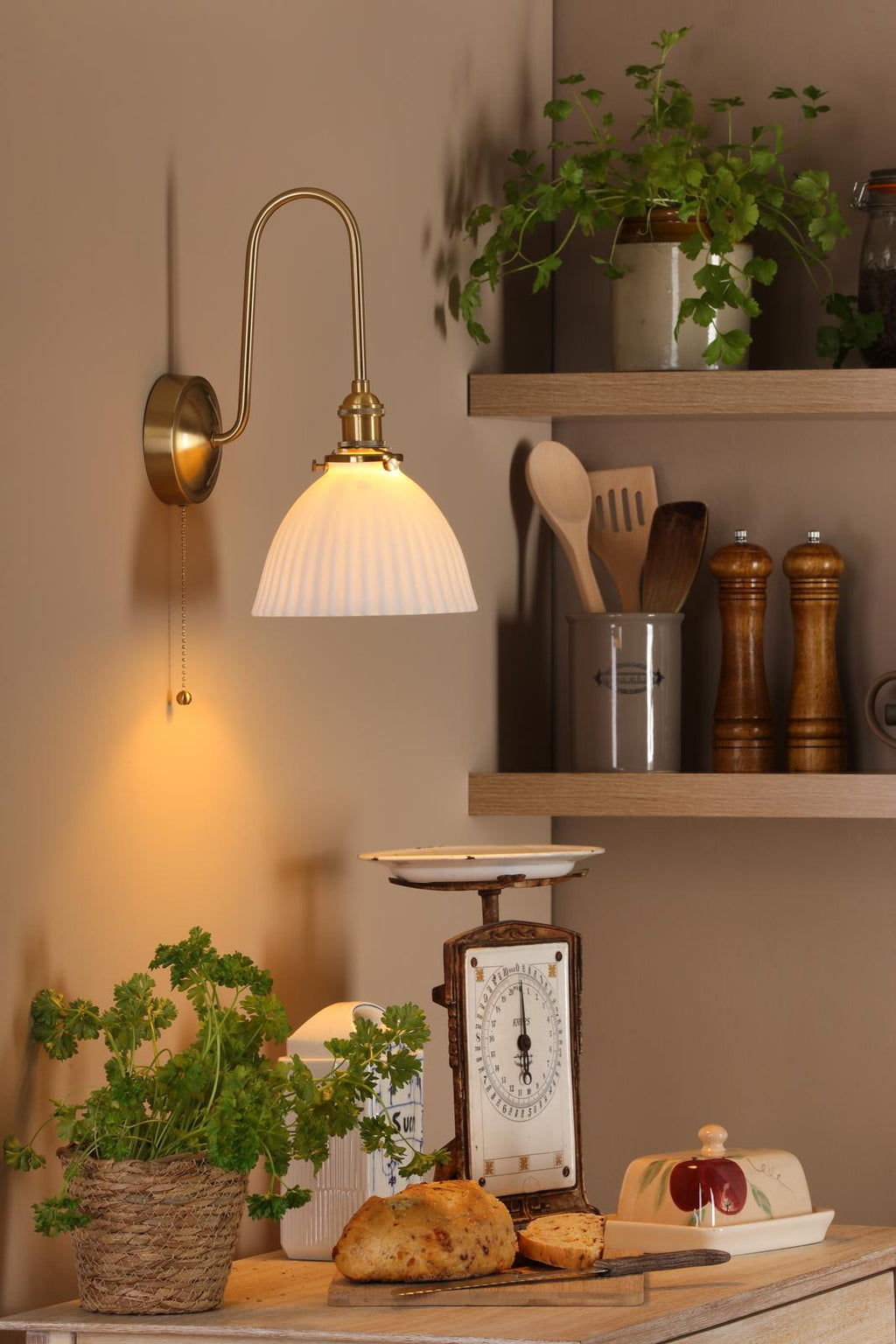 HAD7140-09 Hadano Tall Wall Light Natural Brass and White Domed Ceramic Shade