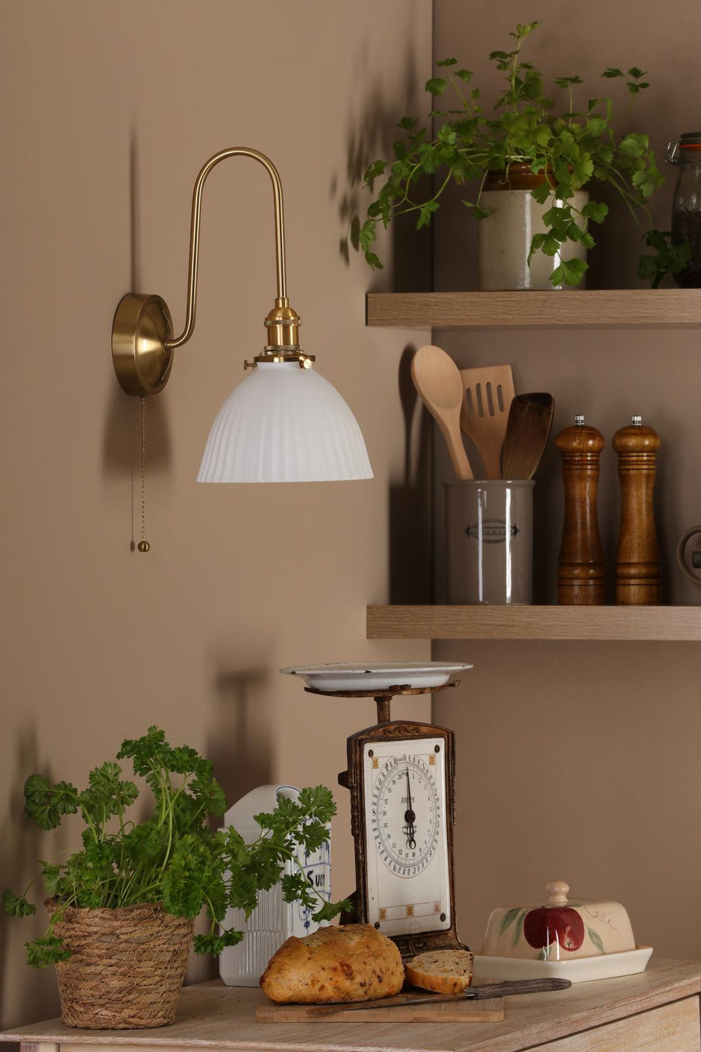 HAD7140-09 Hadano Tall Wall Light Natural Brass and White Domed Ceramic Shade