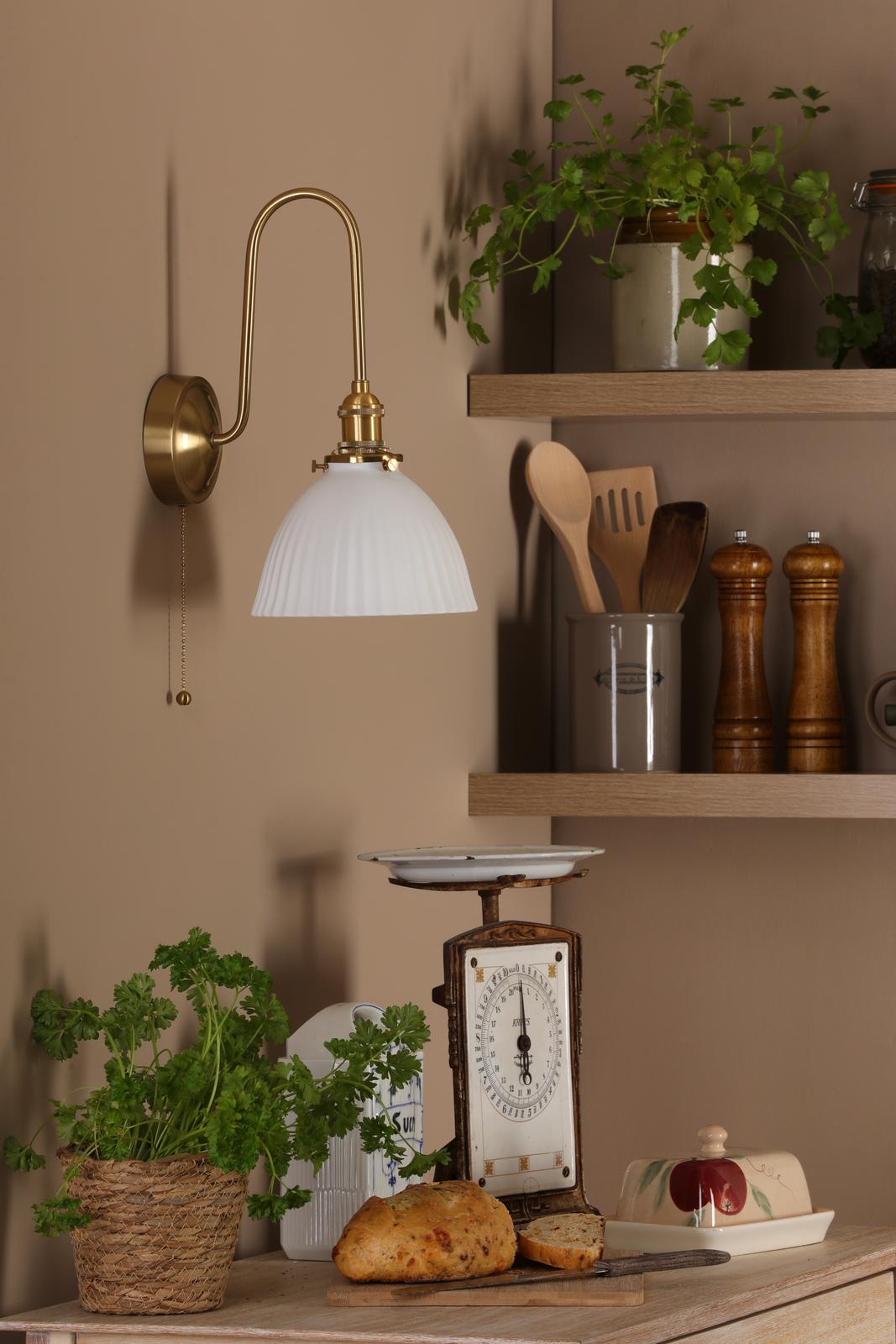 HAD7140-09 Hadano Tall Wall Light Natural Brass and White Domed Ceramic Shade
