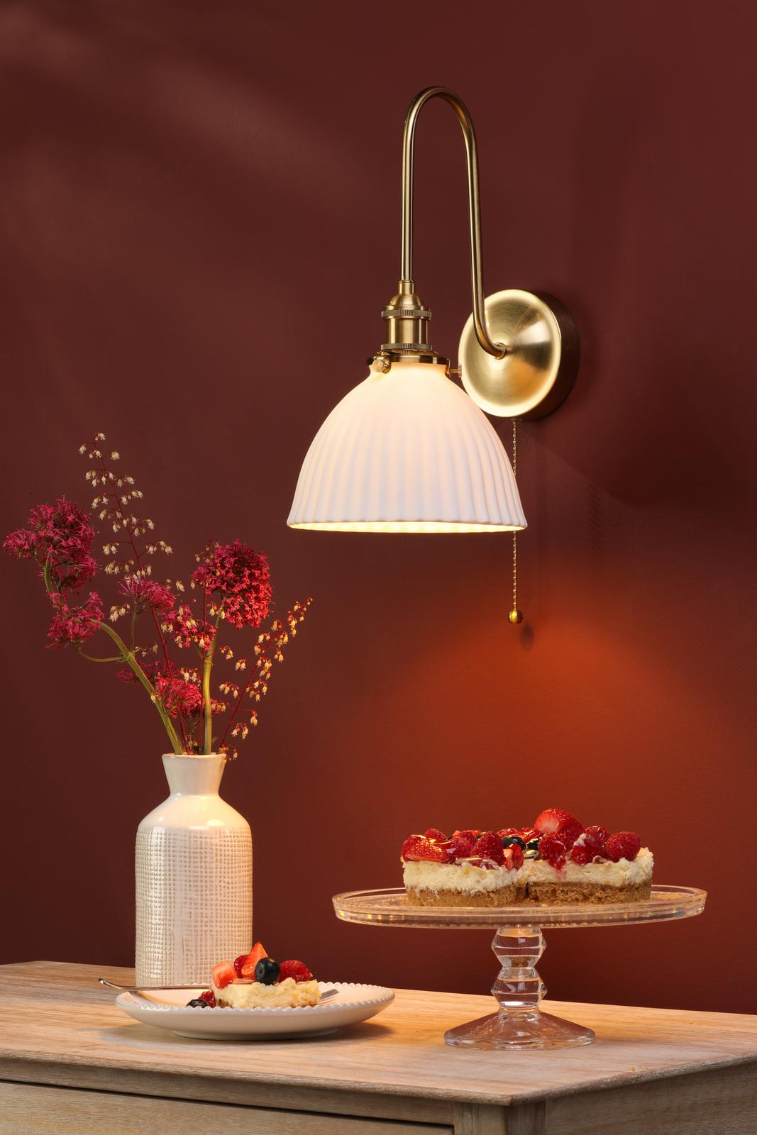 HAD7140-09 Hadano Tall Wall Light Natural Brass and White Domed Ceramic Shade