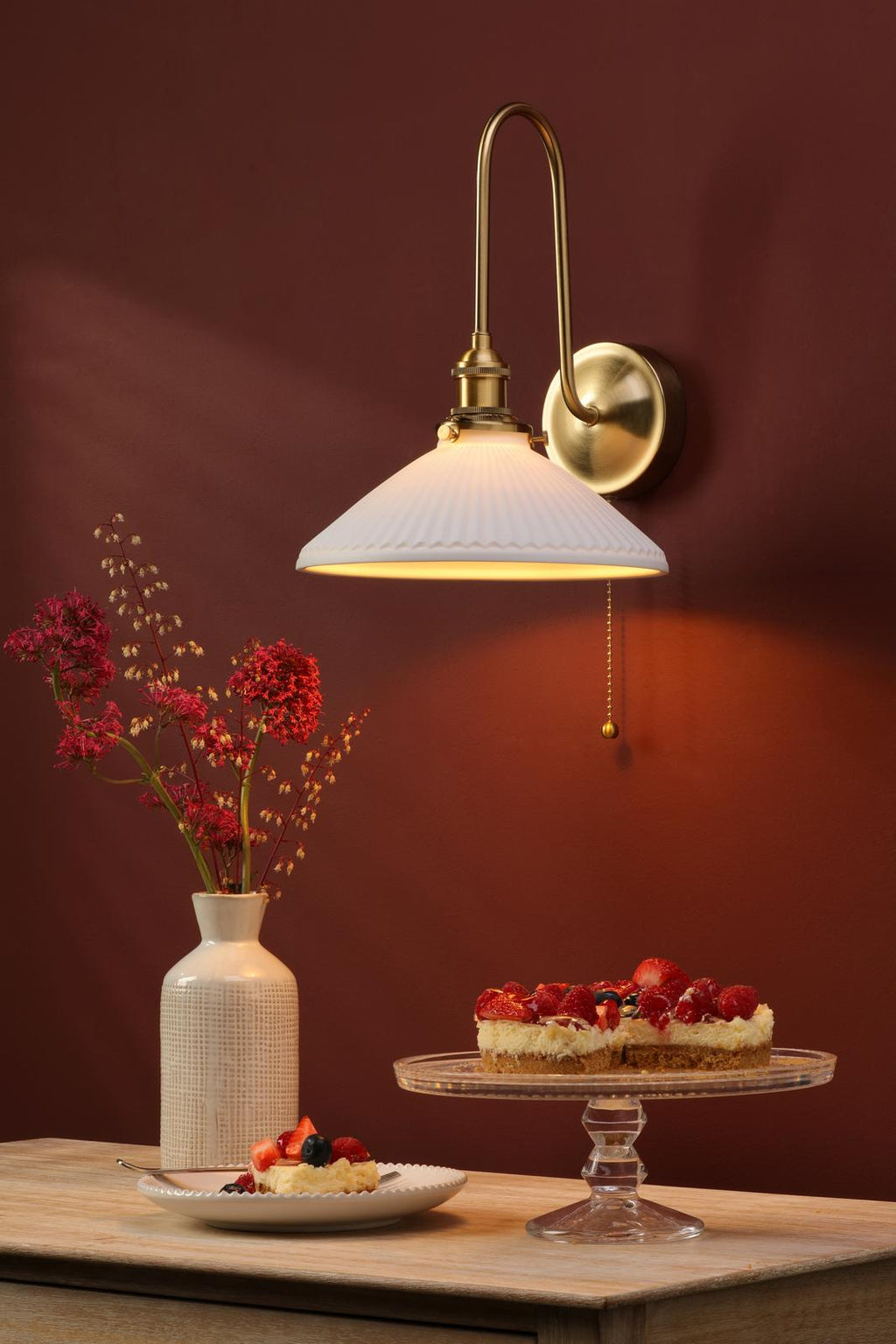 HAD7140-10 Hadano Tall Wall Light Natural Brass and White Shallow Ceramic Shade