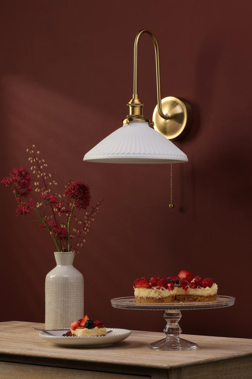 HAD7140-10 Hadano Tall Wall Light Natural Brass and White Shallow Ceramic Shade