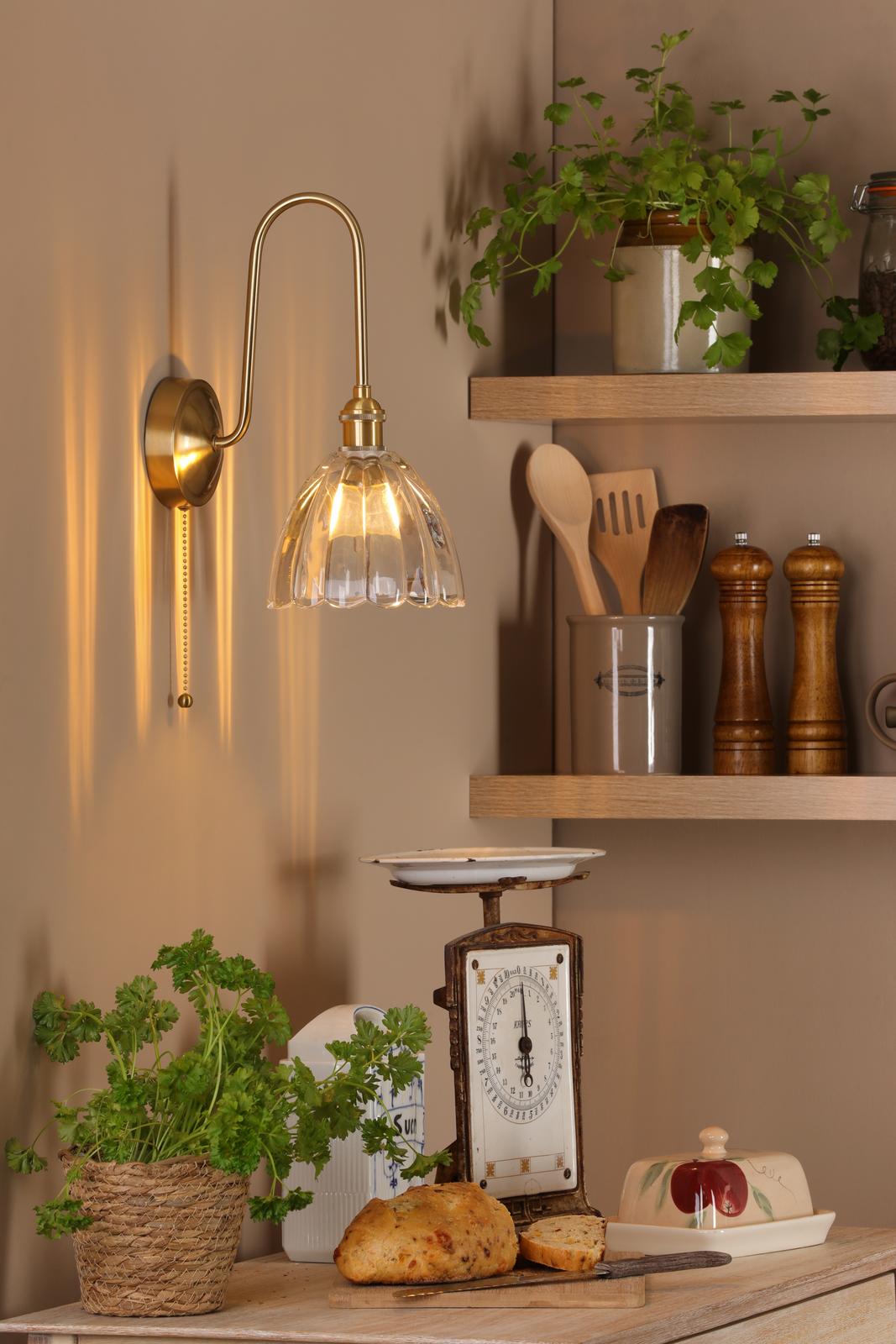 HAD7140-11 Hadano Tall Wall Light Natural Brass and Scalloped Bell Glass Shade