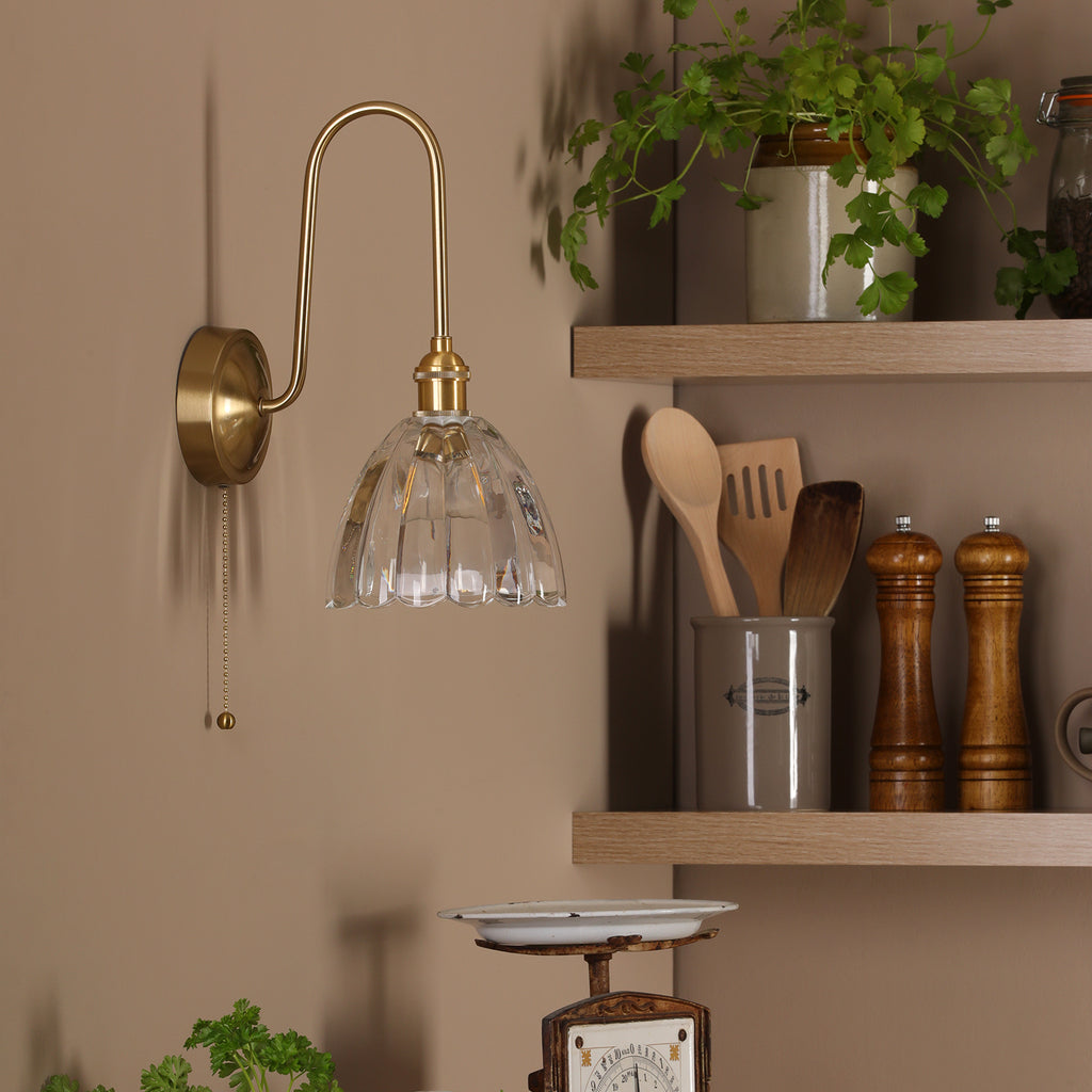 HAD7140-11 Hadano Tall Wall Light Natural Brass and Scalloped Bell Glass Shade