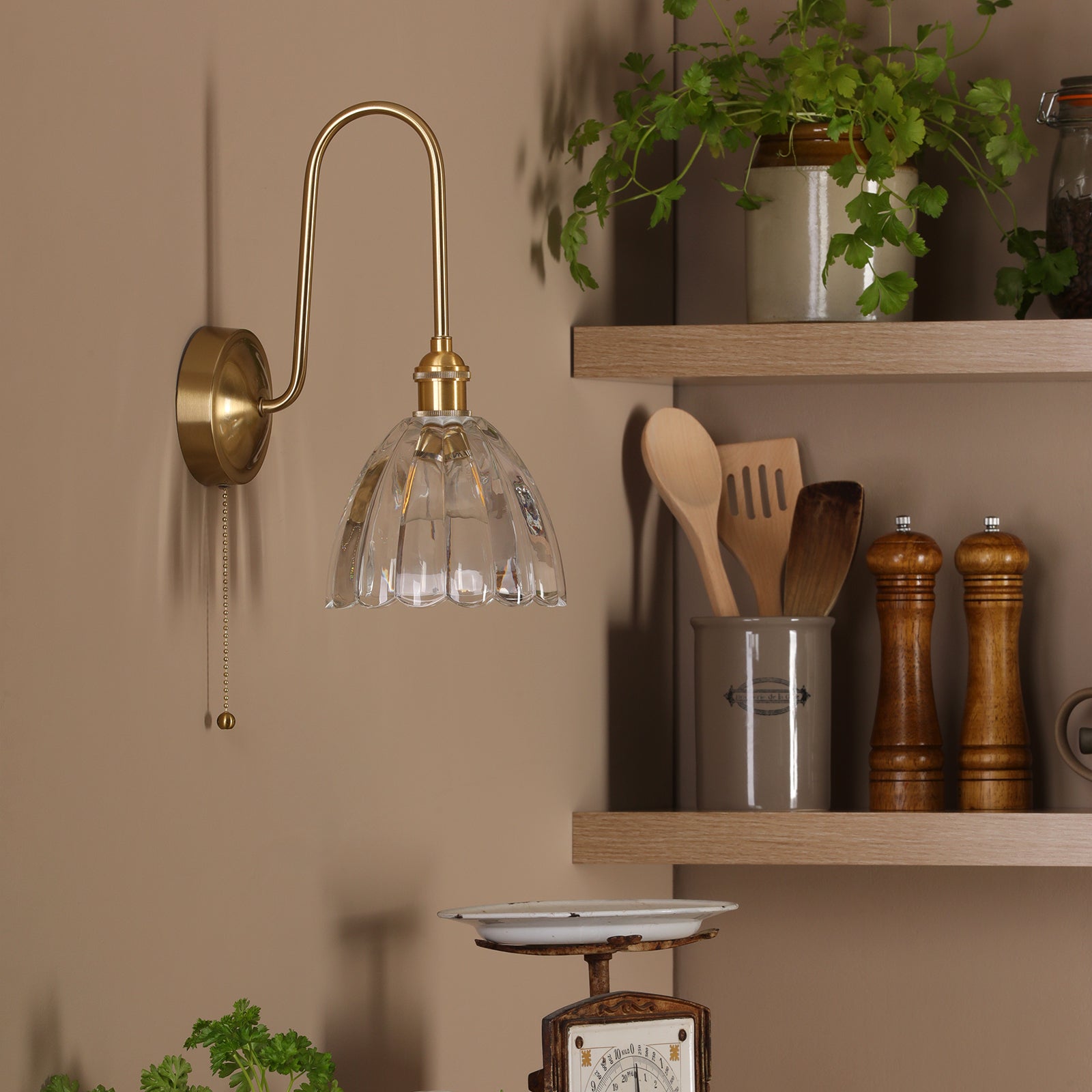 HAD7140-11 Hadano Tall Wall Light Natural Brass and Scalloped Bell Glass Shade