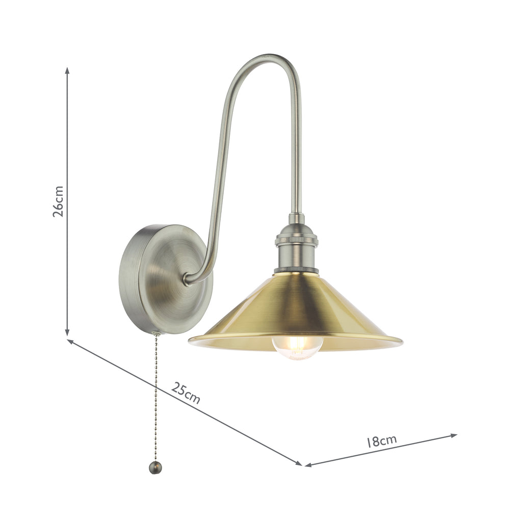 HAD7161-01 Hadano Tall Wall Light Antique Chrome and Aged Brass Metal Shade 18cm
