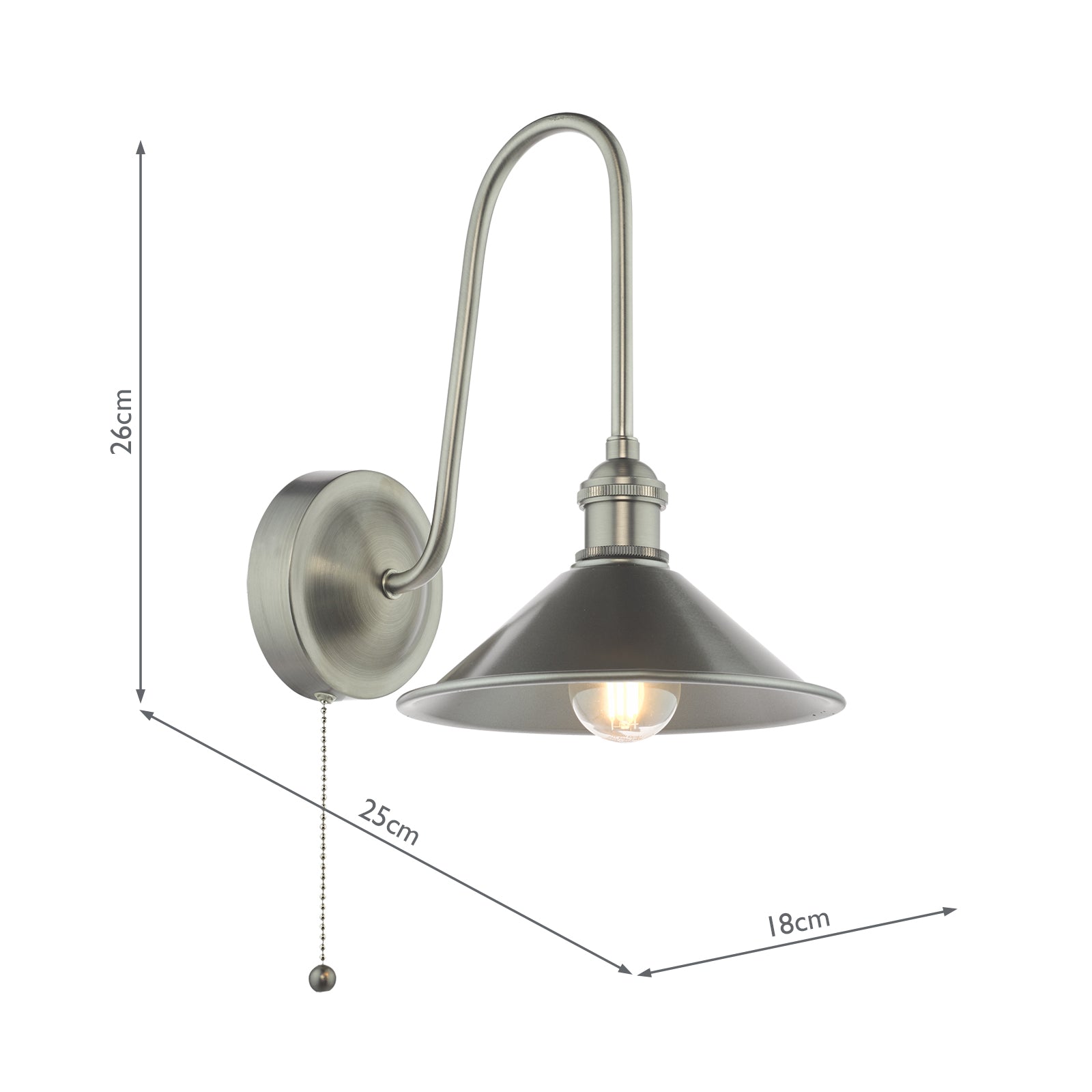 HAD7161-02 Hadano Tall Wall Light Antique Chrome and Pewter Metal Shade 18cm