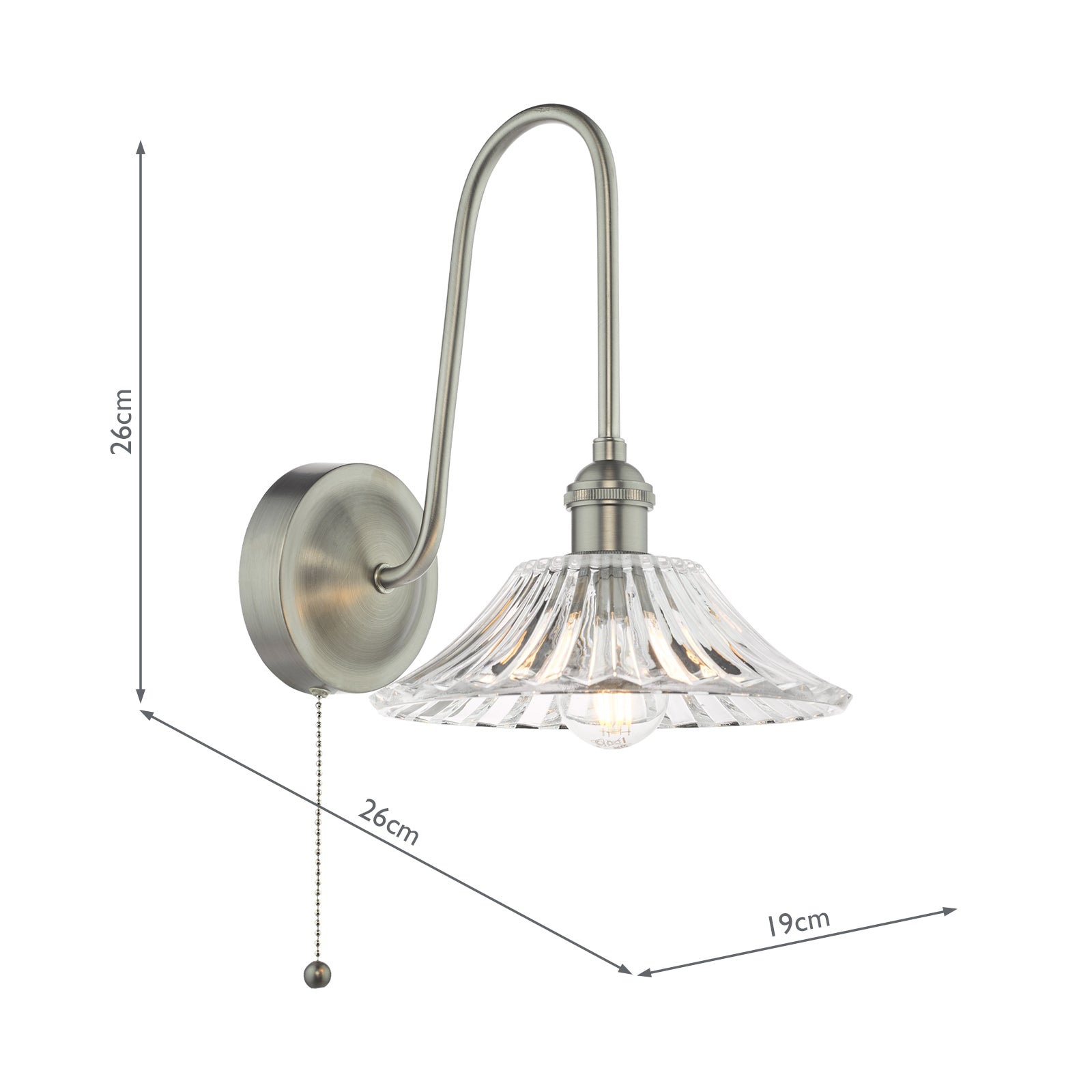 HAD7161-04 Hadano Tall Wall Light Antique Chrome and Clear Flared Glass Shade