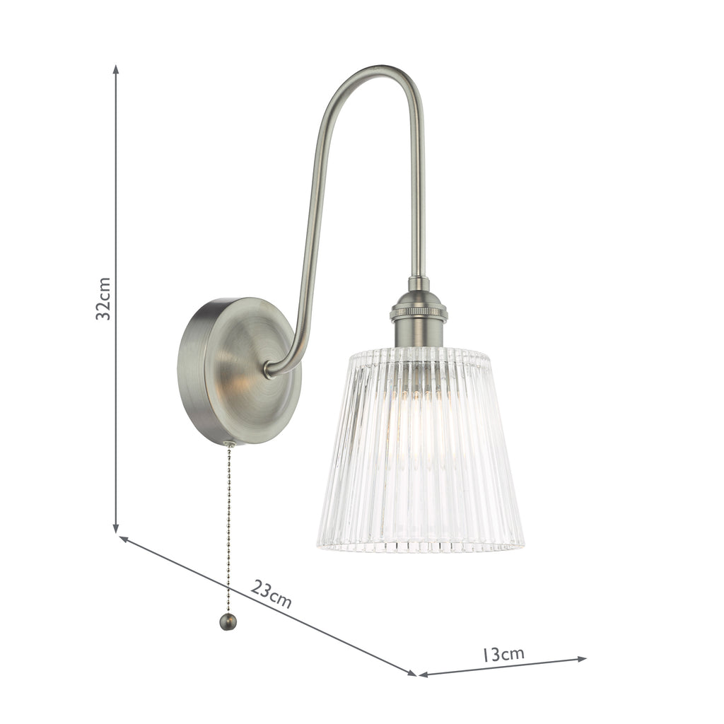HAD7161-05 Hadano Tall Wall Light Antique Chrome and Clear Ribbed Glass Shade