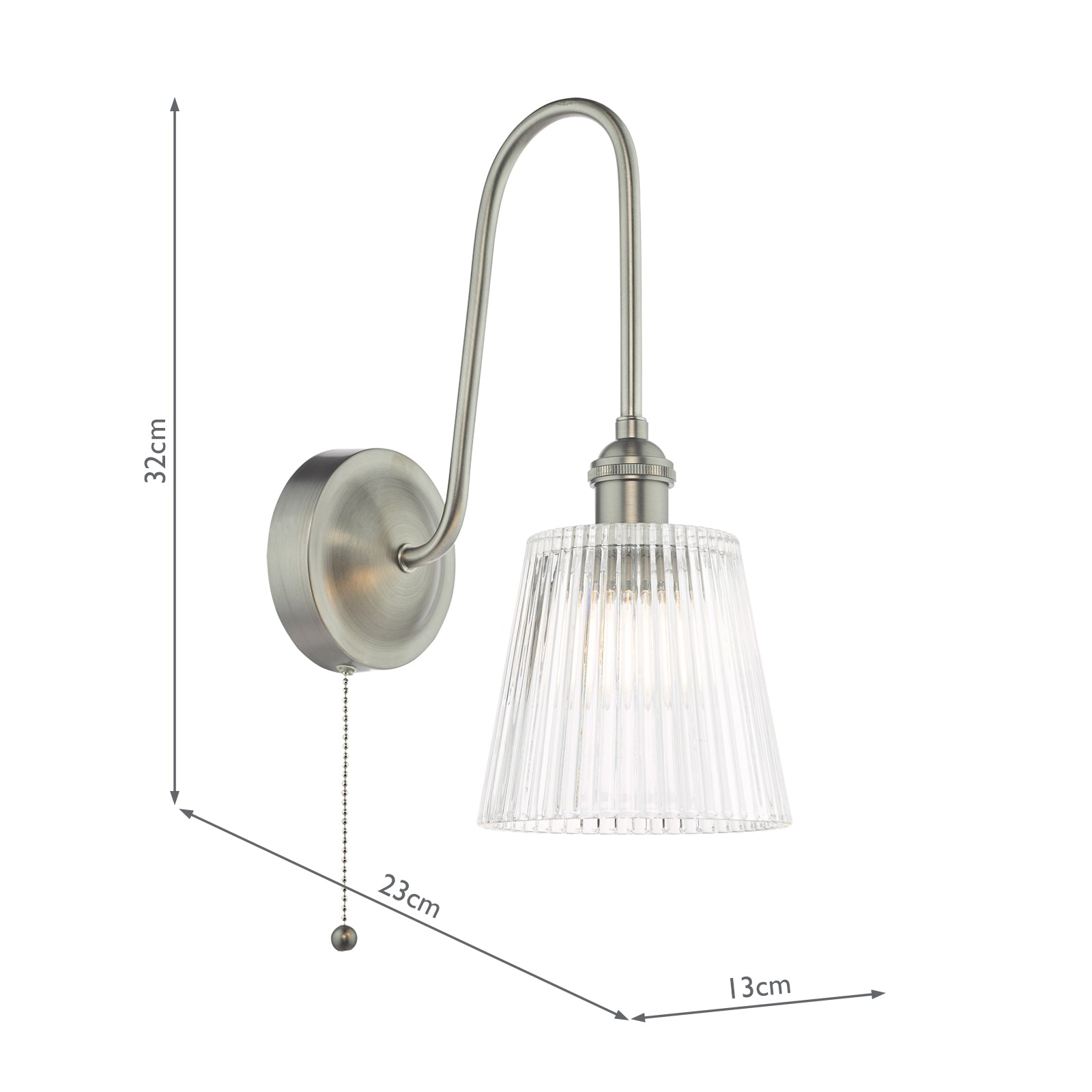 HAD7161-05 Hadano Tall Wall Light Antique Chrome and Clear Ribbed Glass Shade