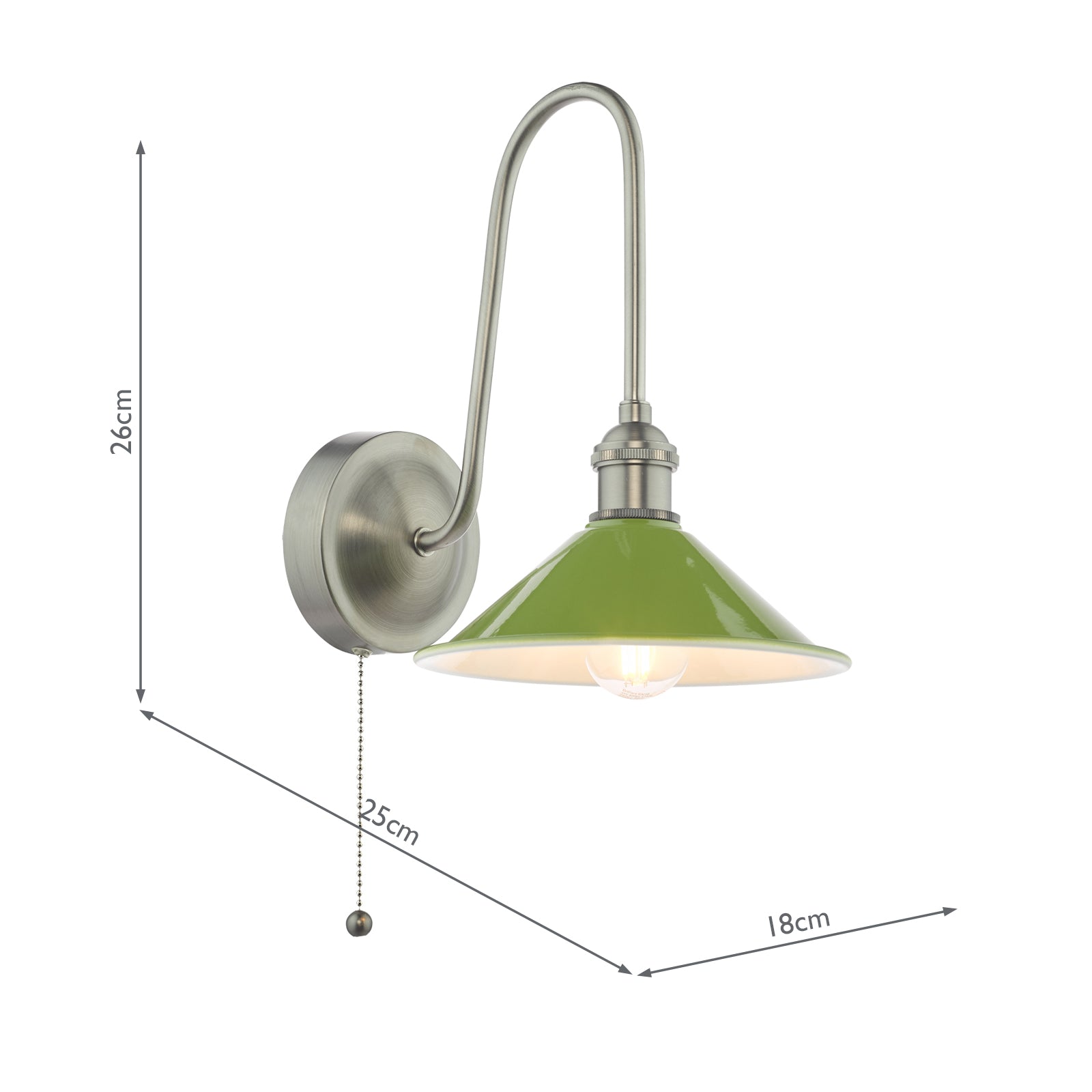 HAD7161-07 Hadano Tall Wall Light Antique Chrome and Gloss Green Metal Shade 18cm