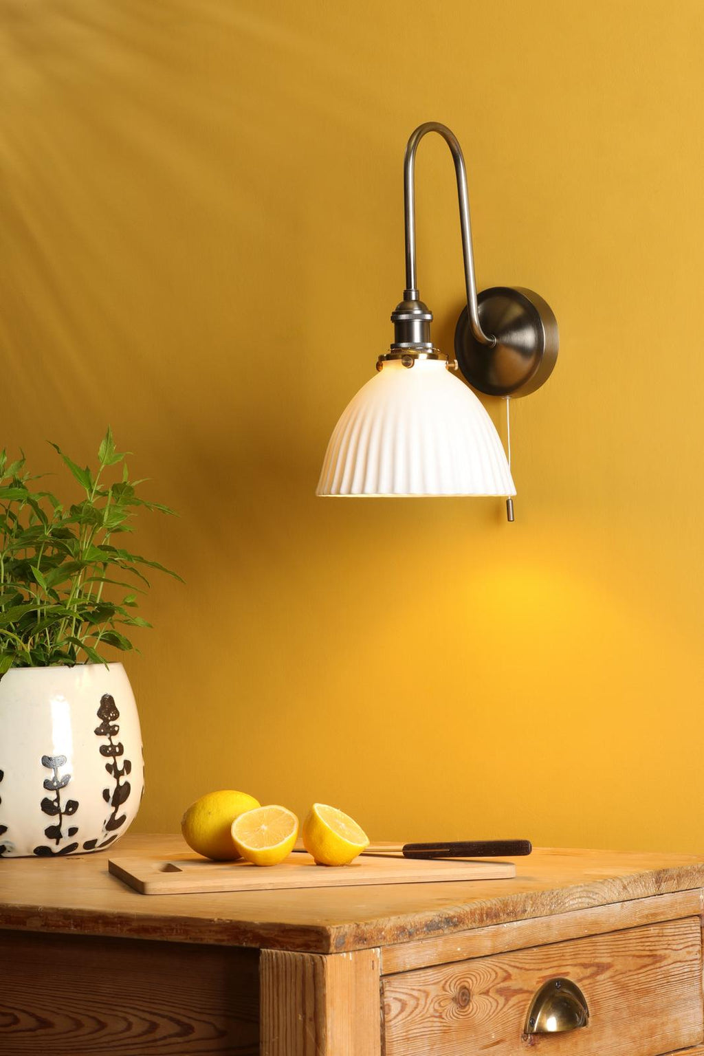 HAD7161-09 Hadano Tall Wall Light Antique Chrome and White Domed Ceramic Shade