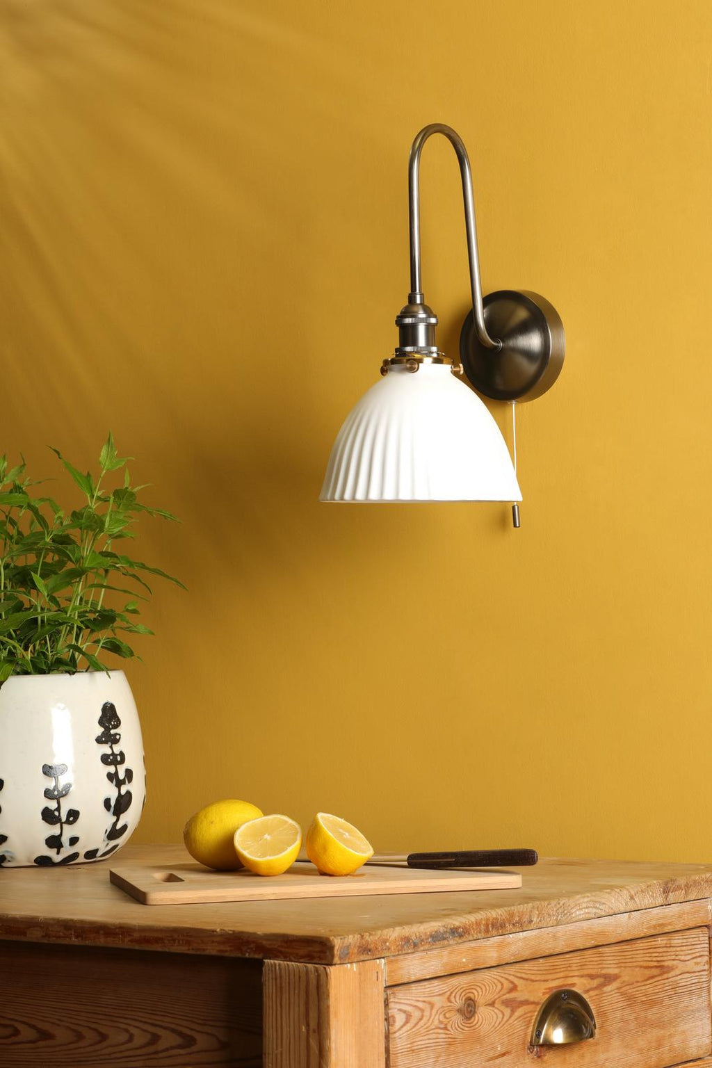 HAD7161-09 Hadano Tall Wall Light Antique Chrome and White Domed Ceramic Shade