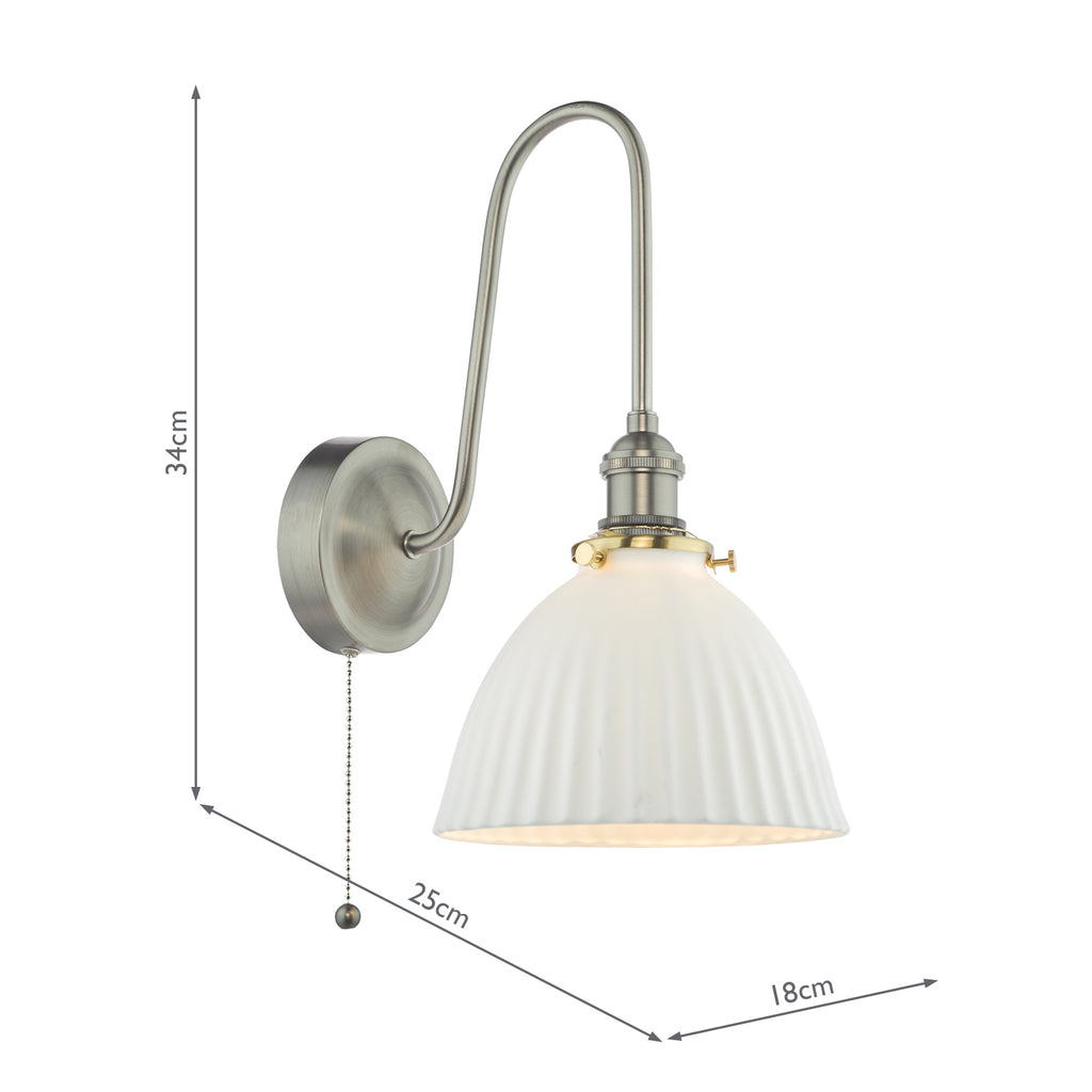 HAD7161-09 Hadano Tall Wall Light Antique Chrome and White Domed Ceramic Shade