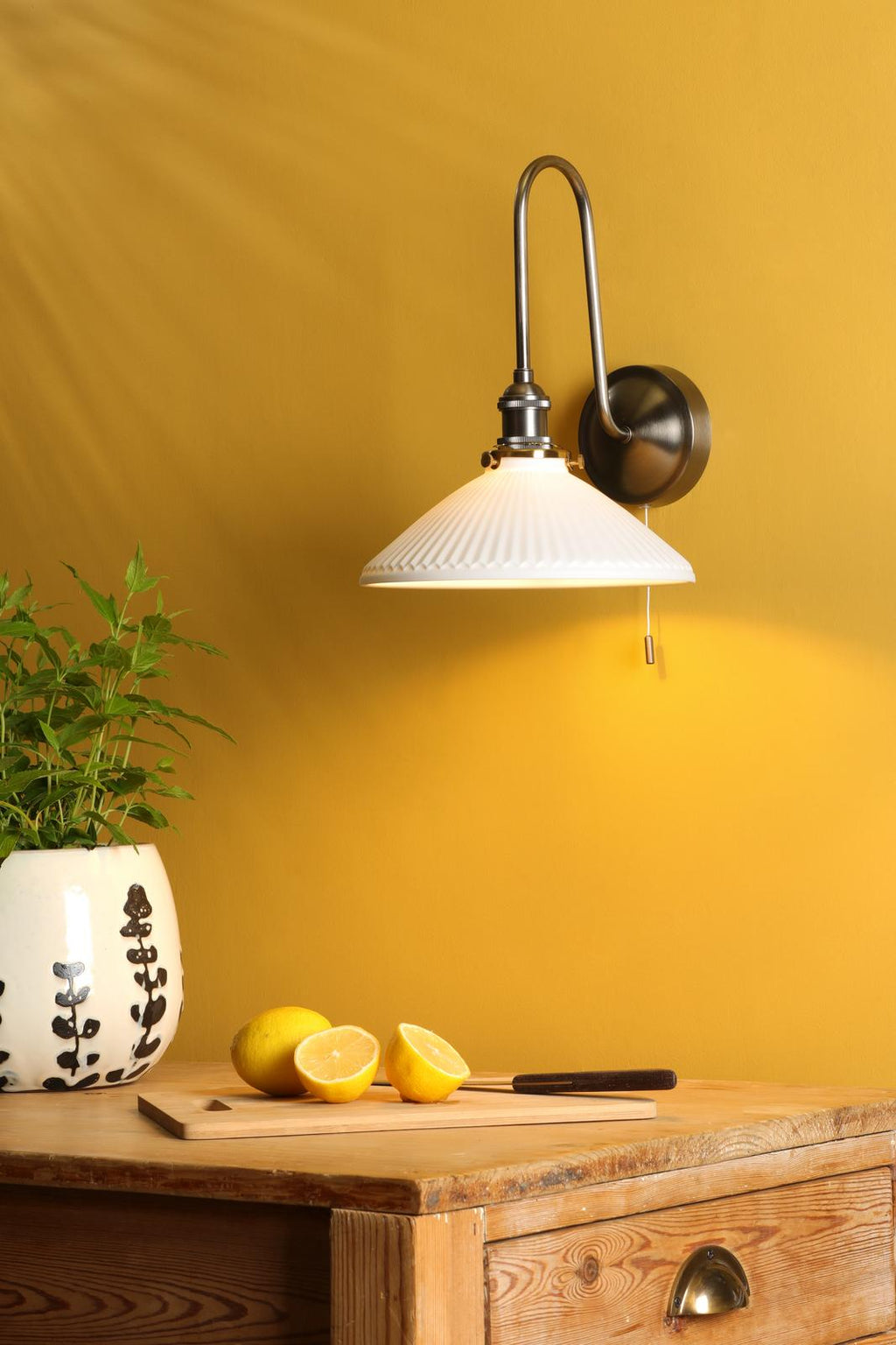 HAD7161-10 Hadano Tall Wall Light Antique Chrome and White Shallow Ceramic Shade