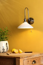 HAD7161-10 Hadano Tall Wall Light Antique Chrome and White Shallow Ceramic Shade