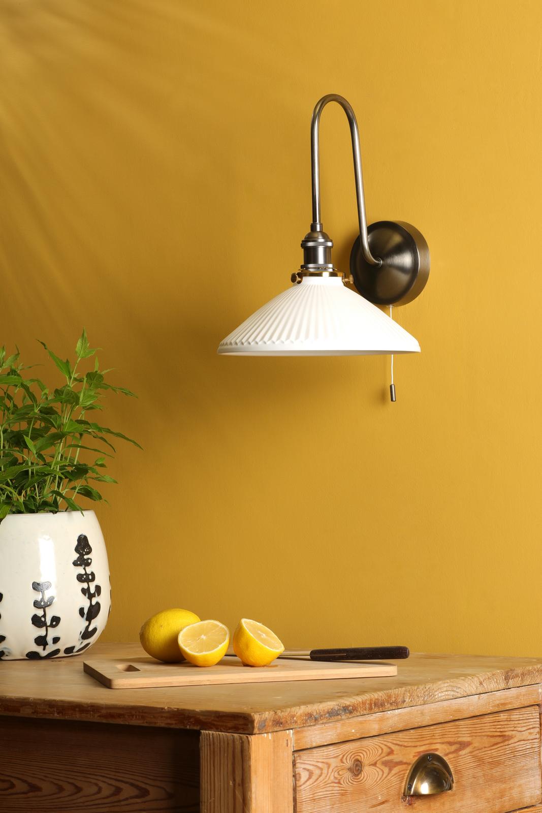 HAD7161-10 Hadano Tall Wall Light Antique Chrome and White Shallow Ceramic Shade