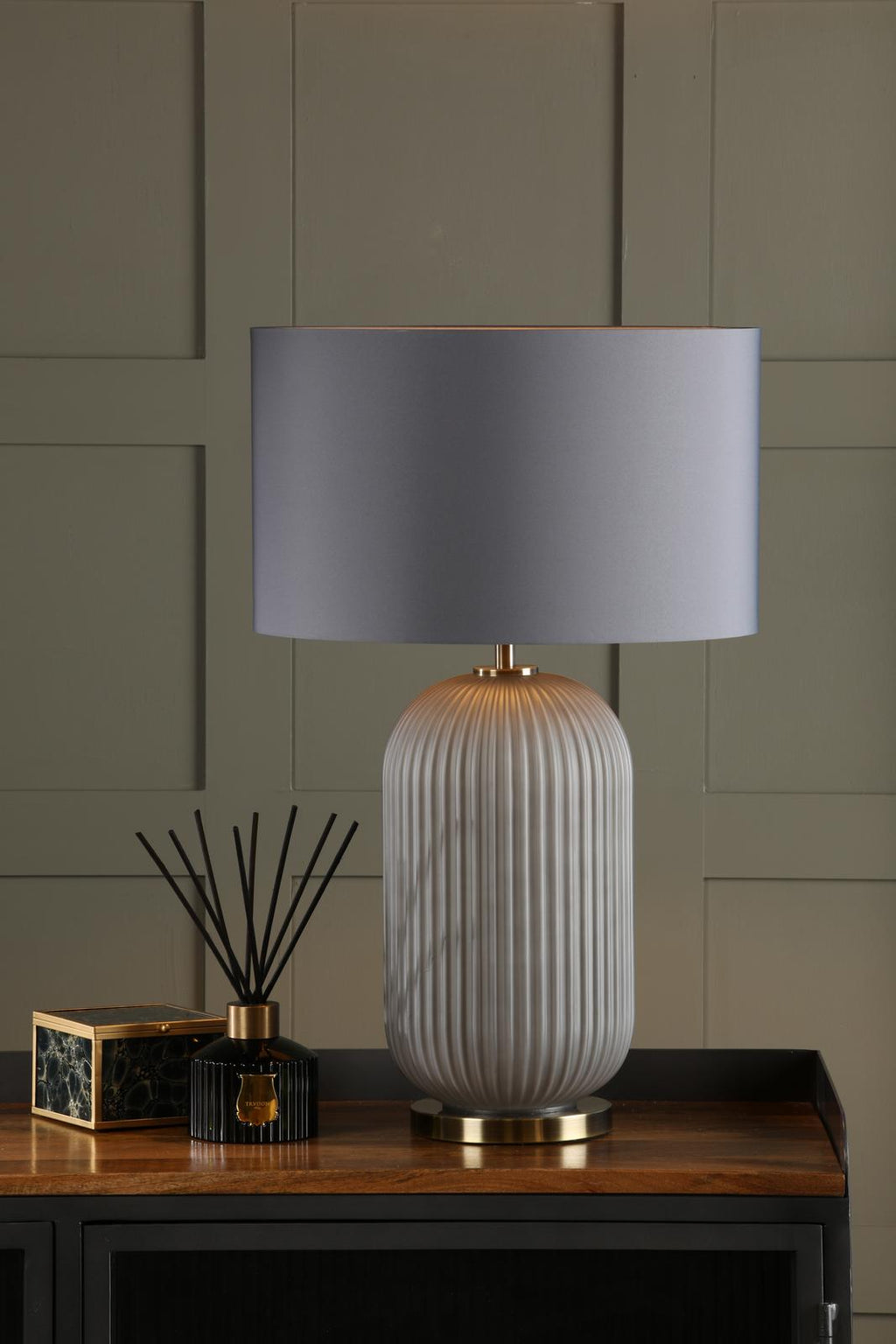 HEL4239 Helicon Table Lamp Grey Ribbed Glass and Antique Brass With Shade