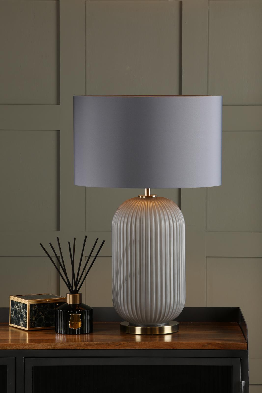 HEL4239 Helicon Table Lamp Grey Ribbed Glass and Antique Brass With Shade