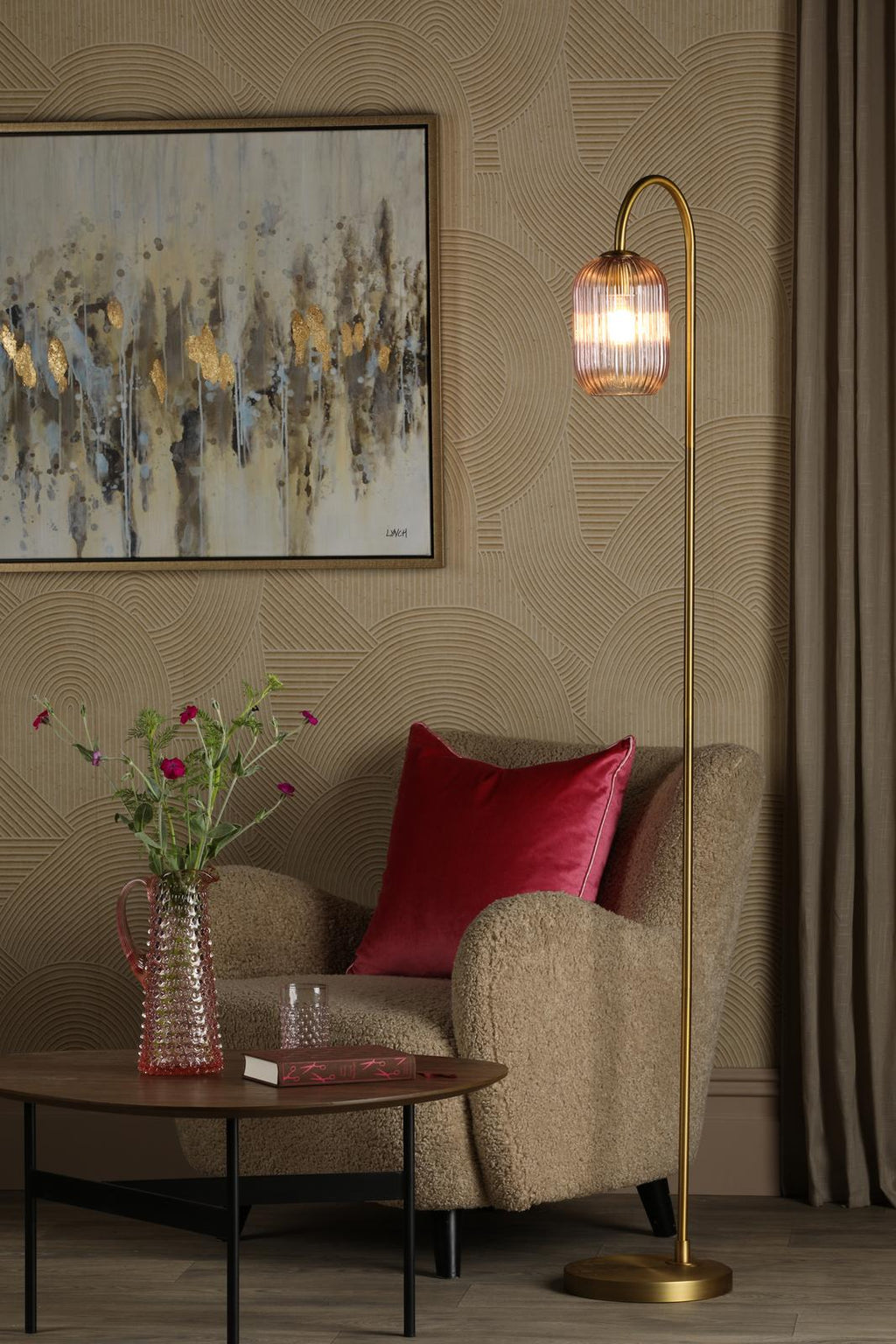 IDR4963-SAW6503 Idra Floor Lamp Aged Bronze and Pink Ribbed Glass